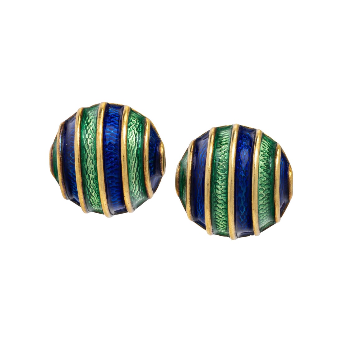 Cellino, Enamel and Yellow Gold Earrings: Cellino, Enamel and Yellow Gold Earrings Blue and green enamel stripes. 18 karat yellow gold. 1 inch long. Stamp: 18K CELLINO. Gross weight: 16.60 dwt. Property from an Important Private Collection, F