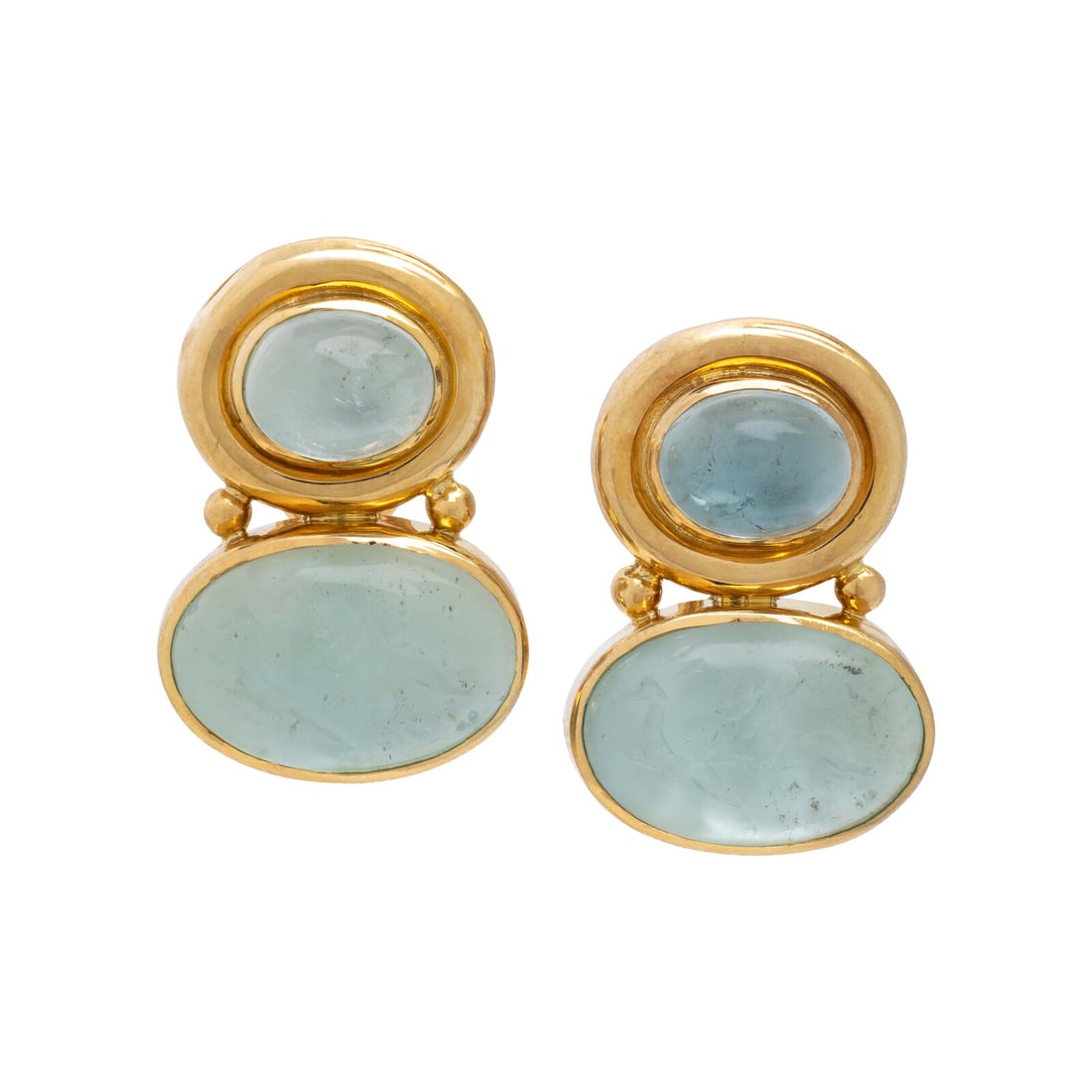 Elizabeth Locke, Venetian Glass, Aquamarine, and Yellow Gold Earrings: Elizabeth Locke, Venetian Glass, Aquamarine, and Yellow Gold Earrings Blue Venetian glass oval intaglios, depicting a gazelle and lion, and oval cabochon aquamarines, backed by mother-of-pearl. 19 kar