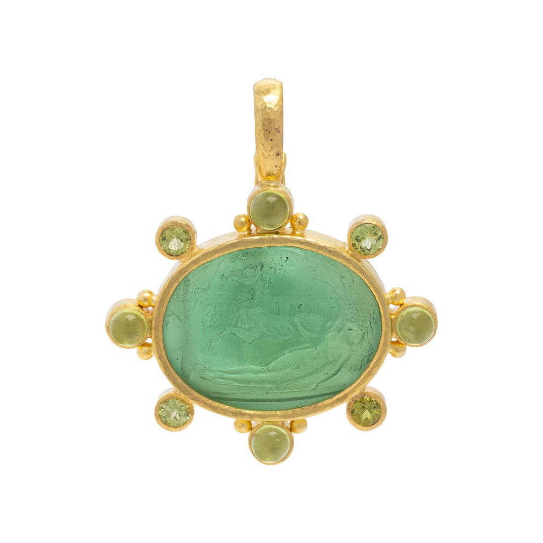 Elizabeth Locke, Peridot and Green Venetian Glass Intaglio Pendant: Elizabeth Locke, Peridot and Green Venetian Glass Intaglio Pendant Green Venetian glass intaglio depicting a lady and horse, and round cabochon and faceted peridot, the intaglio and cabochon peridot b