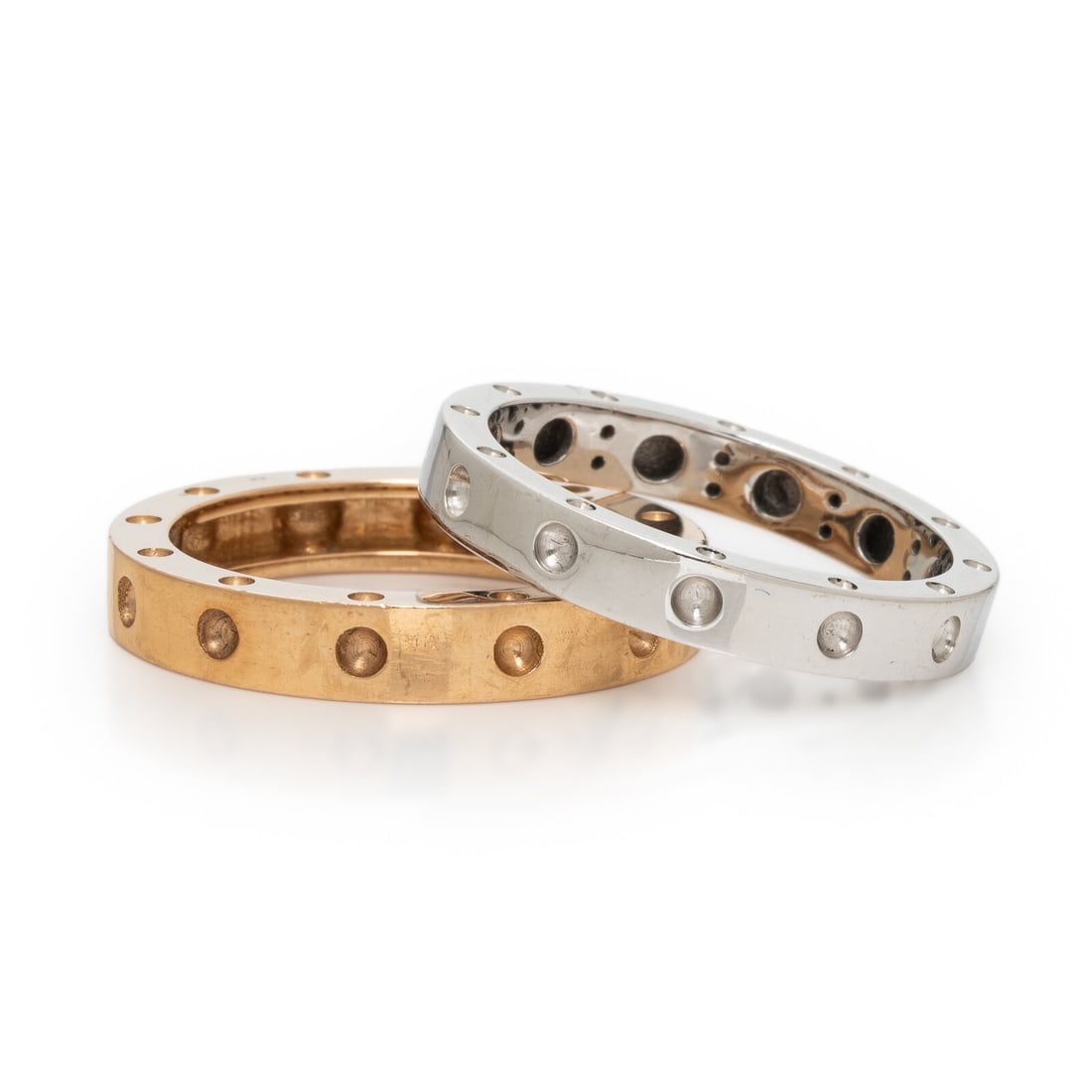 Roberto Coin, Pair of White and Yellow Gold Rings: Roberto Coin, Pair of White and Yellow Gold Rings 18 karat yellow and white gold. Ring size 6 3/4. Stamp: RC (Roberto Coin maker's mark) 18KT. Stamp: RC (Roberto Coin maker's mark) 18Kt ITALY