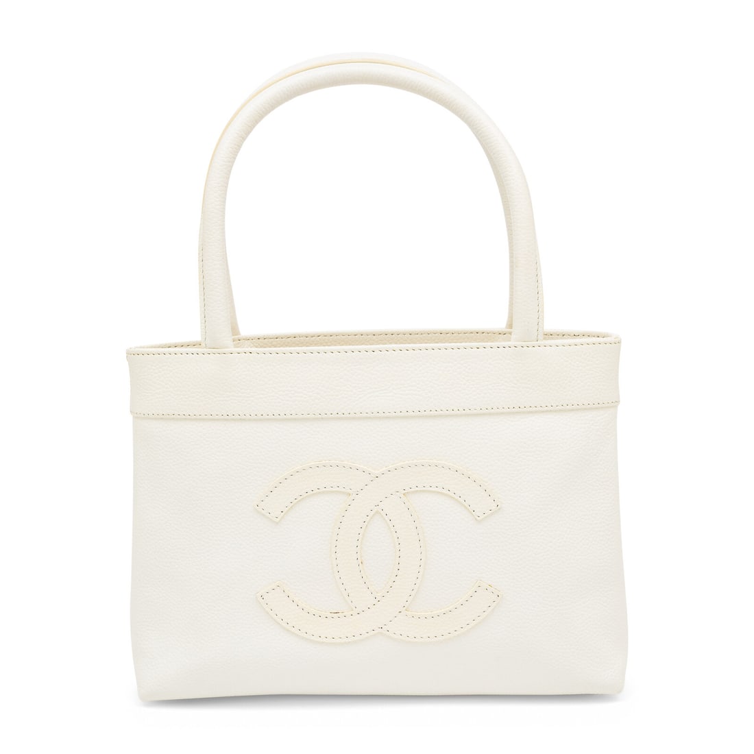Chanel, White Leather Mini Tote: Chanel, White Leather Mini Tote Mini tote bag in white caviar leather with large CC appliquÈ. Magnetic snap closures and rolled leather handles. Label: Chanel Style/Serial No.: 9922432 Date: