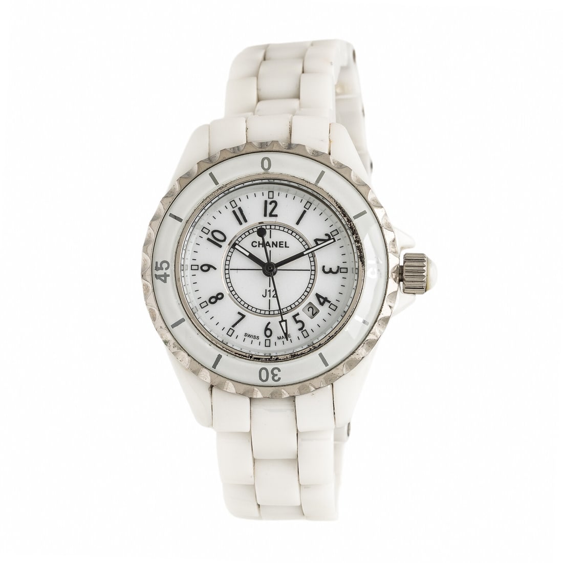Chanel, Ref. H0968, White Ceramic and Stainless Steel 'J12' Date Watch: Chanel, Ref. H0968, White Ceramic and Stainless Steel 'J12' Date Watch Maker: Chanel Model: J12 Reference number: H0968 Serial number: (partially obscured) L.007L Case size: Approx. 35 mm Case materia