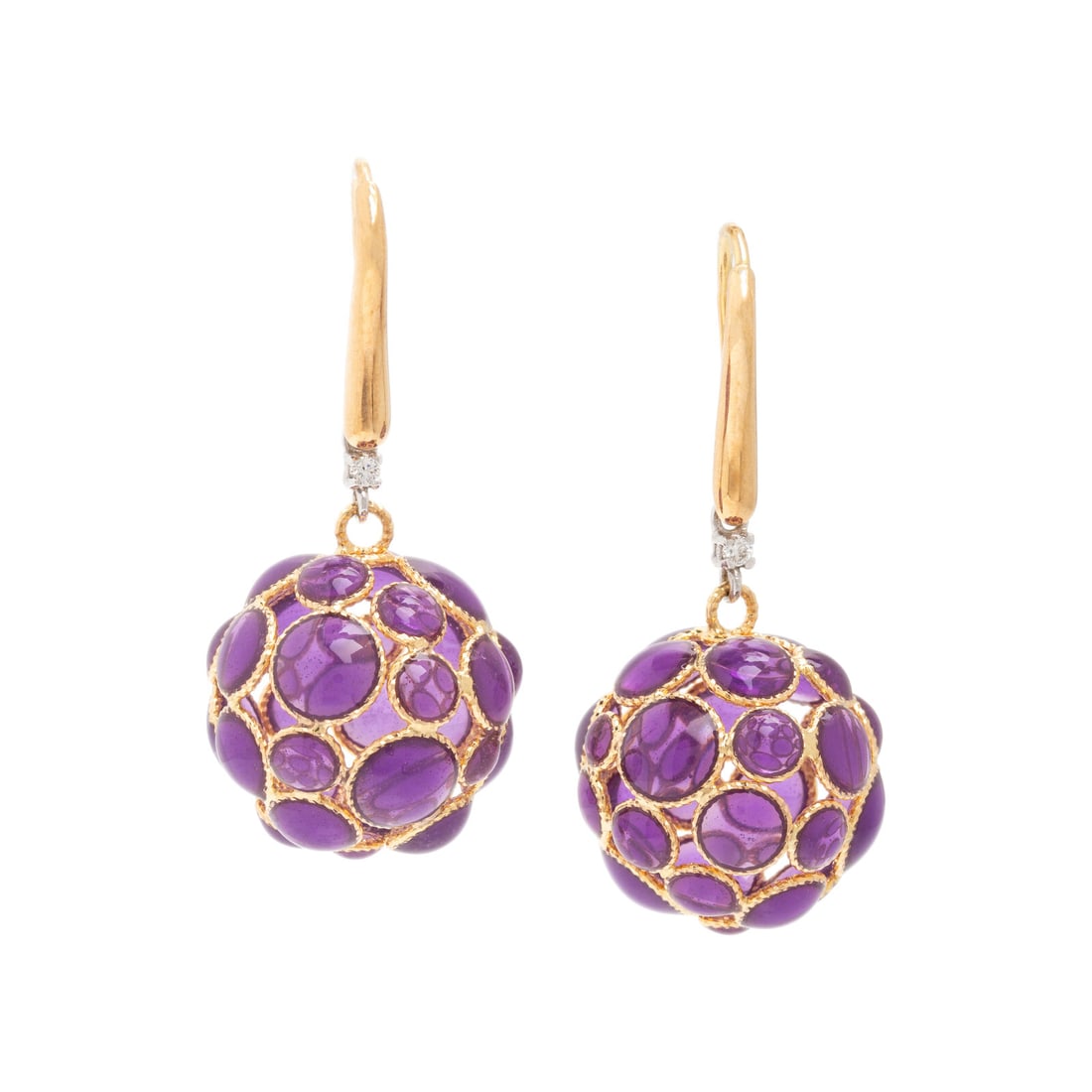 Roberto Coin, Amethyst, Diamond, and Yellow Gold Earrings: Roberto Coin, Amethyst, Diamond, and Yellow Gold Earrings Round cabochon amethyst and round brilliant cut diamonds. 18 karat yellow and white gold. 1 1/2 inches long. Stamp: (Roberto Coin maker's