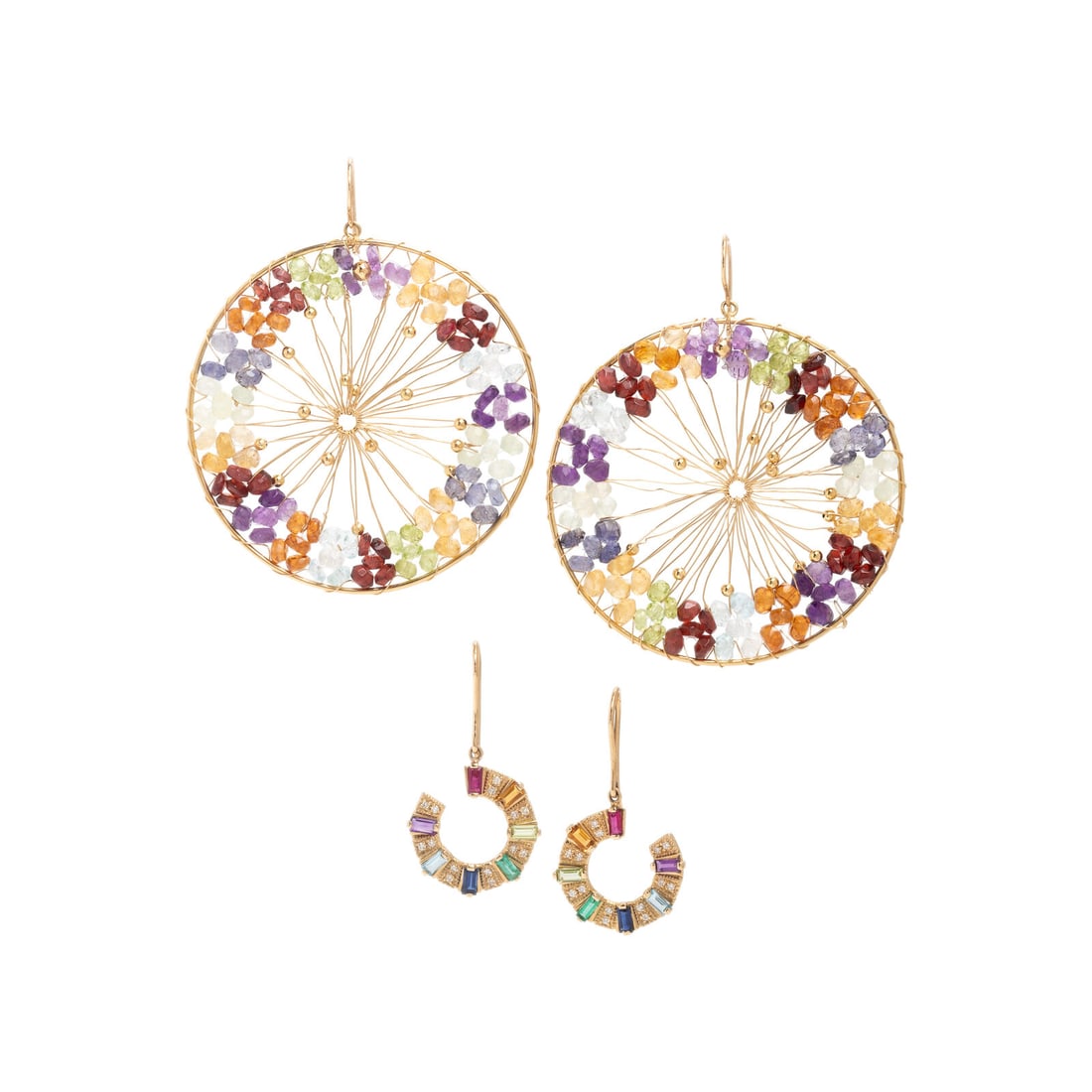 Two Pairs of Multigem and Yellow Gold Earrings: Two Pairs of Multigem and Yellow Gold Earrings One pair set with tumbled amethyst, citrine, garnet, quartz, peridot, and aquamarine beads, and one set with tapered baguette cut sapphire, ruby, amethys