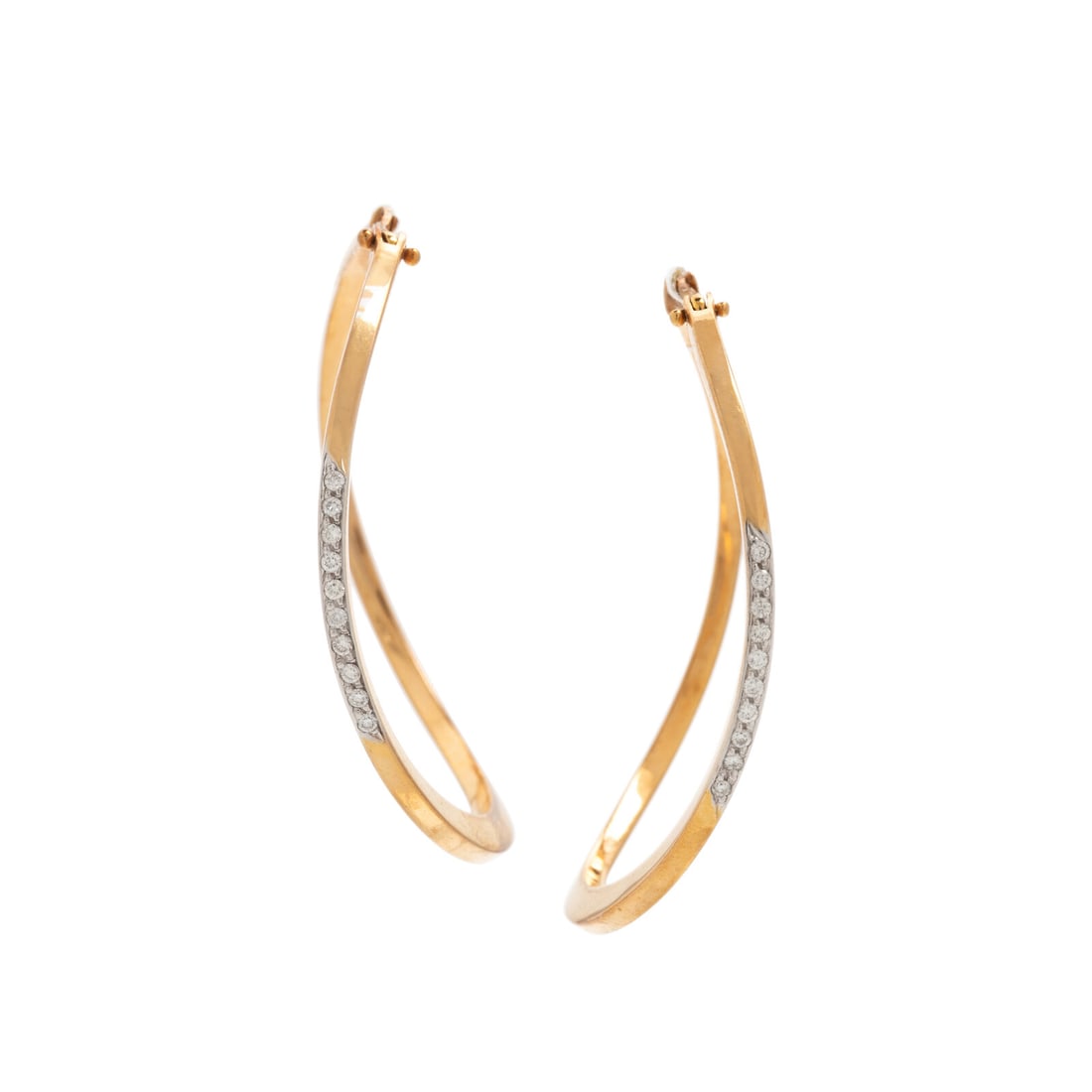 Roberto Coin, Diamond and Yellow Gold Hoop Earrings: Roberto Coin, Diamond and Yellow Gold Hoop Earrings Round brilliant cut diamonds weighing approximately 0.15 carat total. 18 karat yellow gold. 1 3/4 inches long. Stamp: (Roberto Coin maker's mark) 75