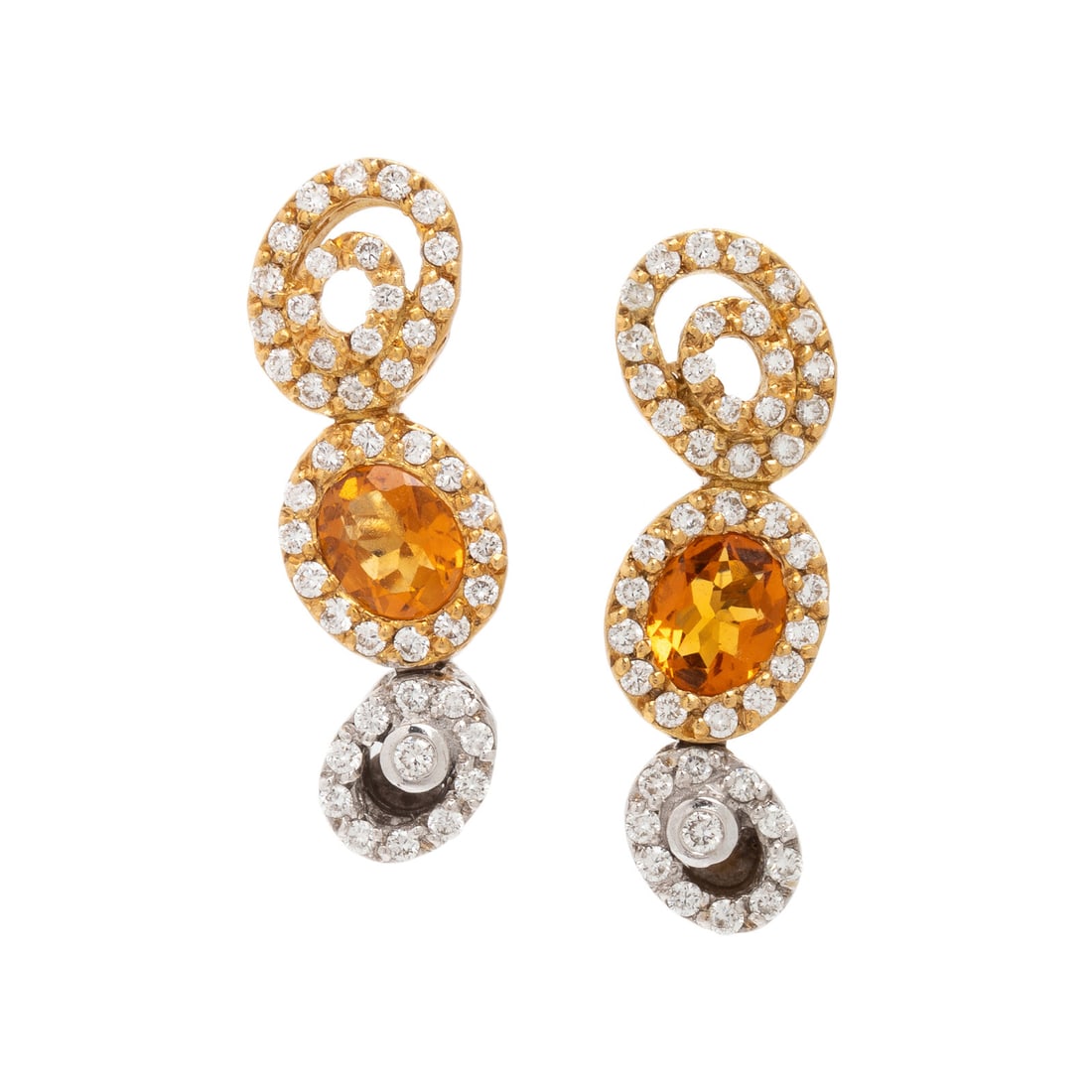 Ponte Vecchio Gioelli, Diamond, Citrine, and Bicolor Gold Earrings: Ponte Vecchio Gioelli, Diamond, Citrine, and Bicolor Gold Earrings Round brilliant cut diamonds and oval citrines. 18 karat white and yellow gold. 3/4 inch long. Stamp: PVG 750 (Italian maker's