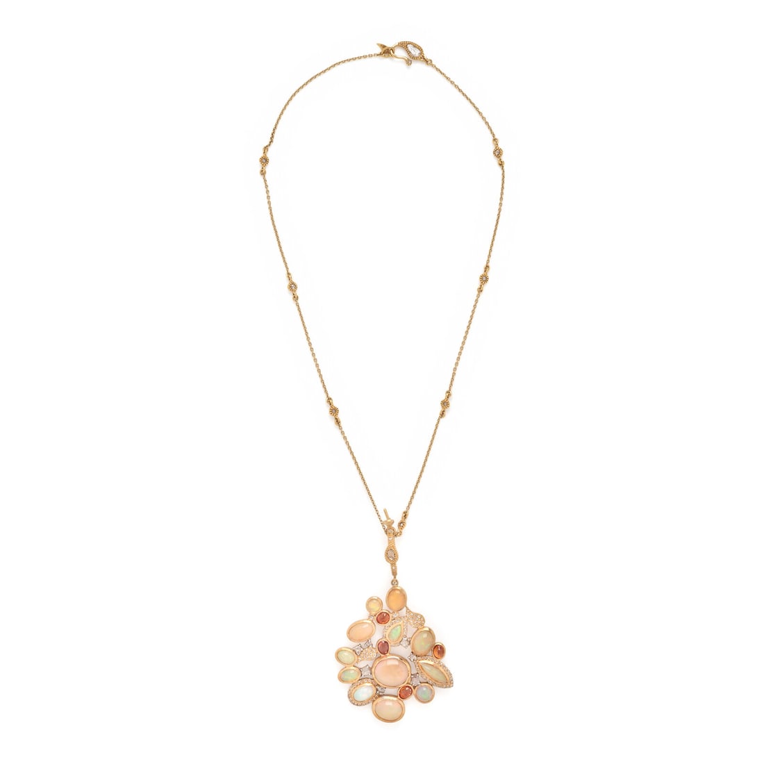 Coomi, Opal, Diamond, and Yellow Gold Necklace: Coomi, Opal, Diamond, and Yellow Gold Necklace Oval, pear, and marquise cabochon cut opals, oval orange sapphire, rose cut diamonds, and diamond slices. 18 and 20 karat yellow gold. Chain: 16 1/8 inch