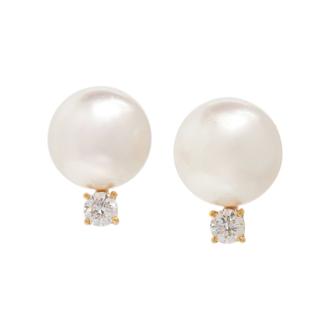 Cultured Pearl, Diamond, and Yellow Gold Earrings: Cultured Pearl, Diamond, and Yellow Gold Earrings Cultured pearls measuring approximately 11.00 - 11.40 mm, and round brilliant cut diamonds weighing approximately 0.35 carat total. 18 karat yellow go