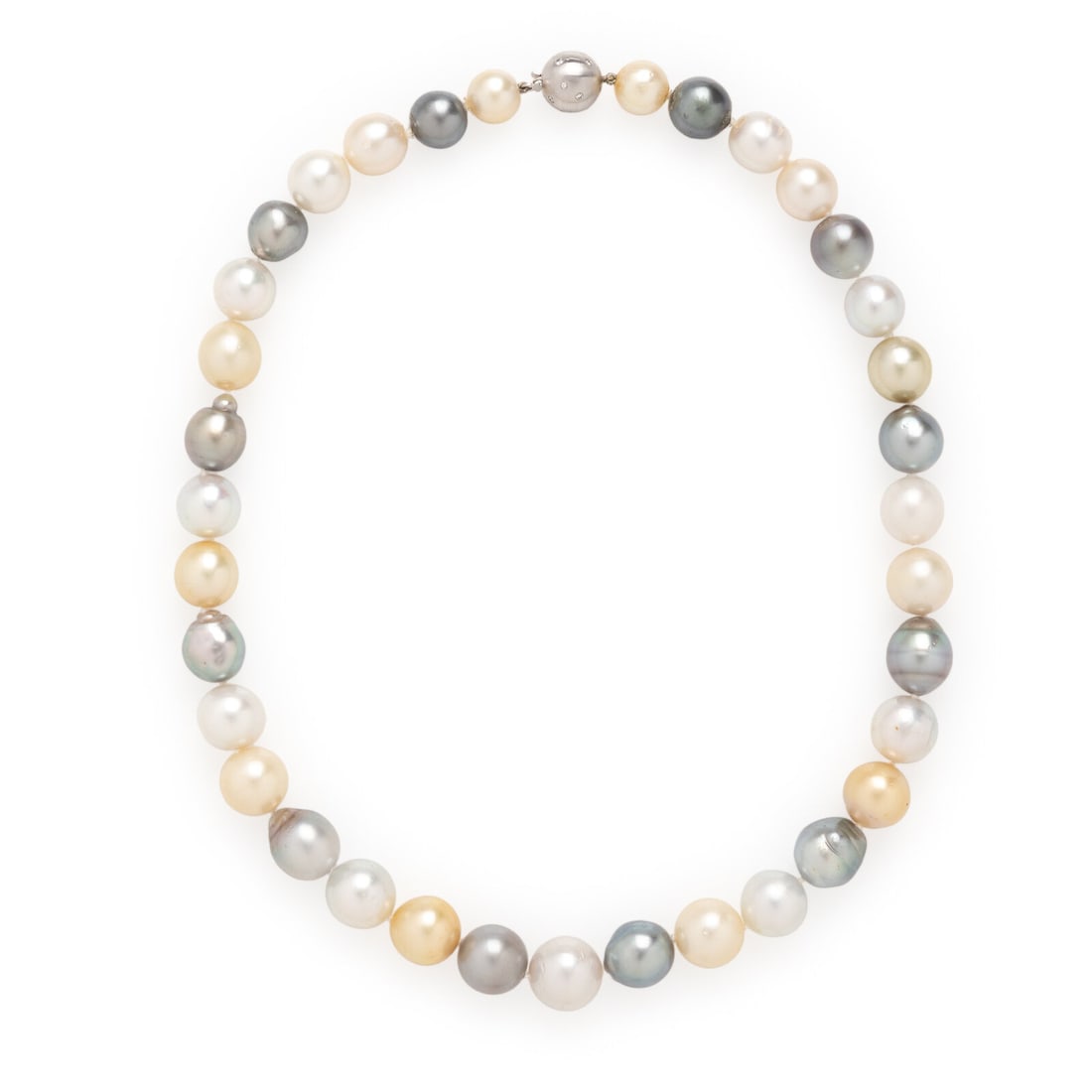 Multicolor Cultured Pearl and White Gold Necklace: Multicolor Cultured Pearl and White Gold Necklace White, gray, and gold cultured pearls (origin of color not tested) measuring approximately 10.75 - 14.60 mm, and round brilliant cut diamonds. 18 kara