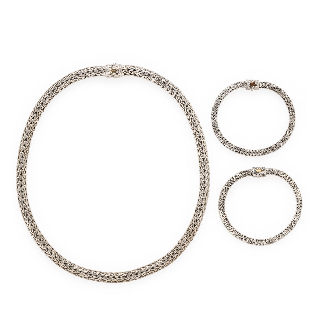 John Hardy, Collection of Diamond, Sterling Silver, and White Gold Jewelry: John Hardy, Collection of Diamond, Sterling Silver, and White Gold Jewelry Including a necklace and a pair of bracelets, set with round brilliant cut diamonds weighing approximately 0.40 carat total. 