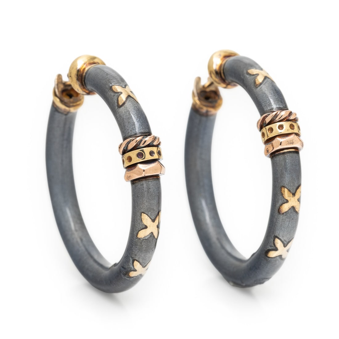 La Nouvelle Bague, Sterling Silver, Yellow Gold, and Enamel Hoop Earrings: La Nouvelle Bague, Sterling Silver, Yellow Gold, and Enamel Hoop Earrings Blue-gray enamel. Sterling silver and 18 karat yellow gold. 1 3/8 inches long. Stamp: (maker's mark) (Italian maker's mark) 75