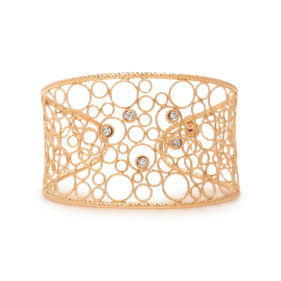 Roberto Coin, 'Bollicine', Diamond and Rose Gold Cuff Bracelet: Roberto Coin, 'Bollicine', Diamond and Rose Gold Cuff Bracelet Openwork design, with round brilliant cut diamonds weighing approximately 0.15 carat total. 18 karat rose gold. 6 1/2 inches inner circum