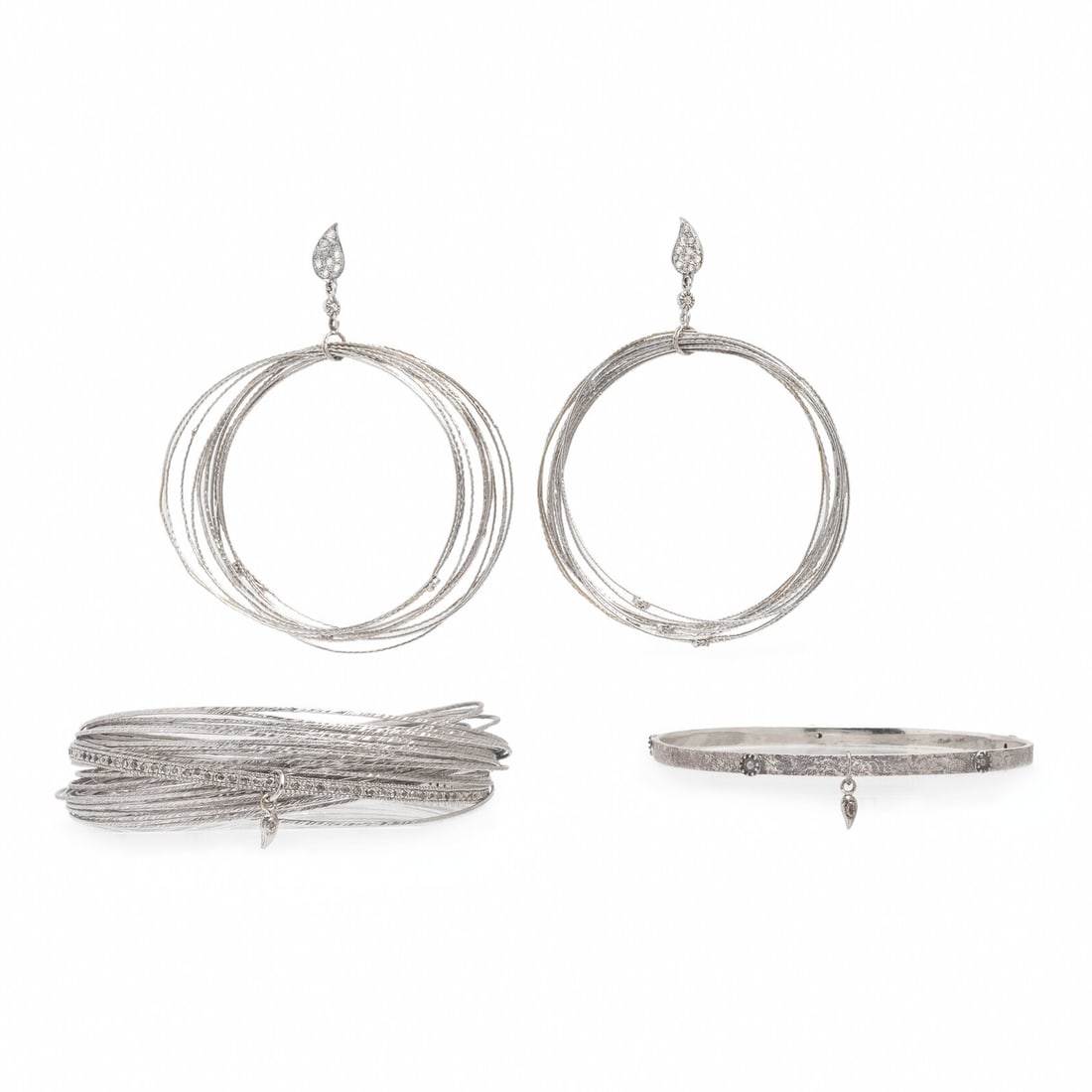 Coomi, White Gold Demi Parure and Sterling Silver Bangle Bracelet: Coomi, White Gold Demi Parure and Sterling Silver Bangle Bracelet Including a pair of pendant earrings composed of intertwined wire hoops and set with rose cut diamonds and diamond slices, a matching 