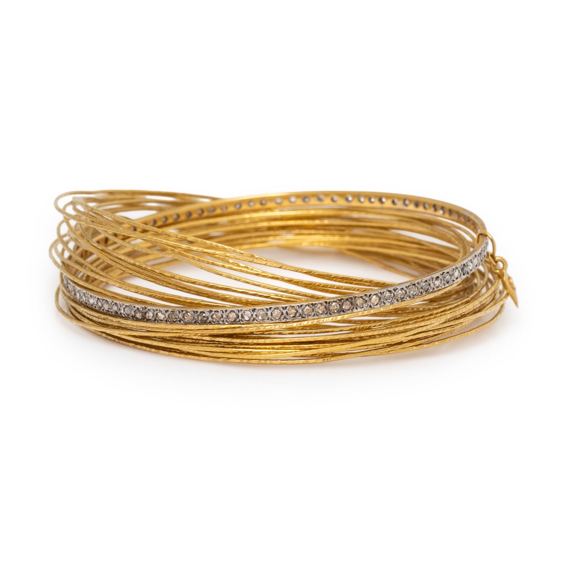 Coomi, Yellow Gold and Diamond Interlaced Multi Bangle Bracelet: Coomi, Yellow Gold and Diamond Interlaced Multi Bangle Bracelet Rose cut diamonds. 20 karat yellow and white gold. 7 3/4 inches inner circumference. Stamp: C 20K (partially obscured). Gross weight: 31