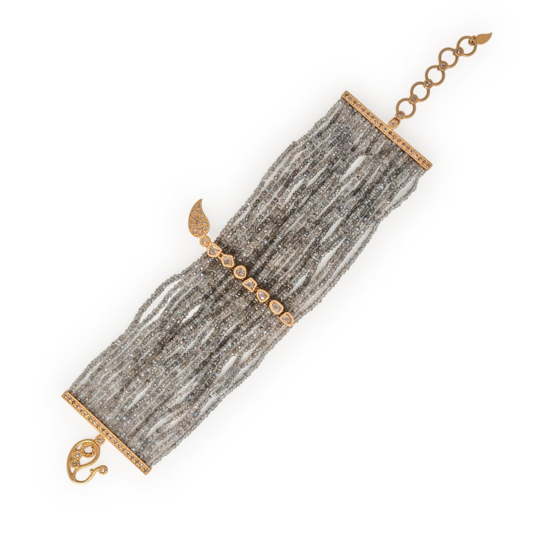 Coomi, Labradorite, Diamond, and Yellow Gold Multistrand Bracelet: Coomi, Labradorite, Diamond, and Yellow Gold Multistrand Bracelet Twenty strands of faceted labradorite beads, variously shaped rose cut diamond, and diamond slices. 20 karat yellow gold. 6 1/2 - 7 3/