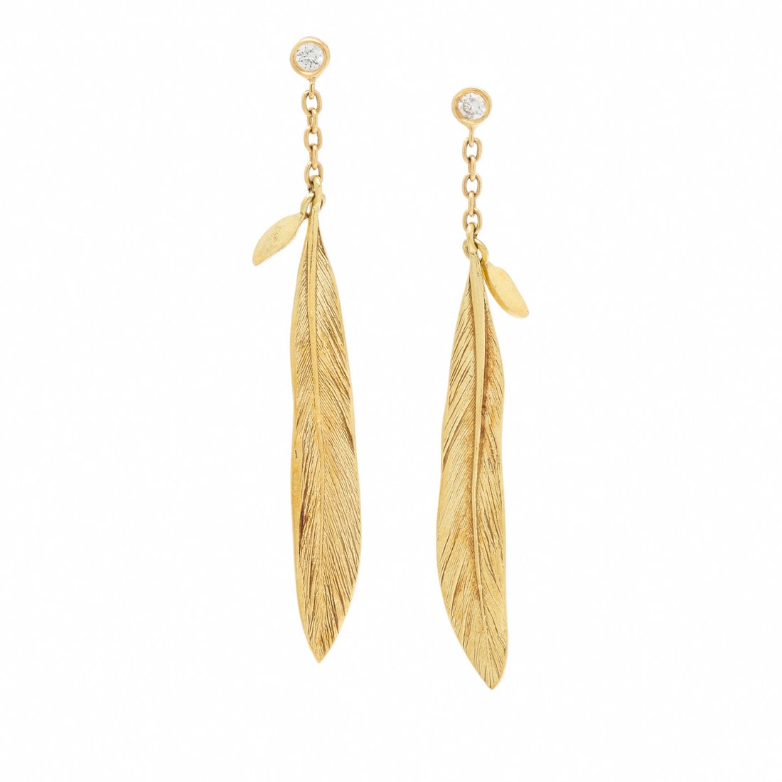 H. Stern, Yellow Gold and Diamond Feather Earrings: H. Stern, Yellow Gold and Diamond Feather Earrings Round brilliant cut diamonds. 18 karat yellow gold. 1 9/16 inches long. Stamp: (H. Stern maker's mark) 750. Gross weight: 2.50 dwt. Property from a N