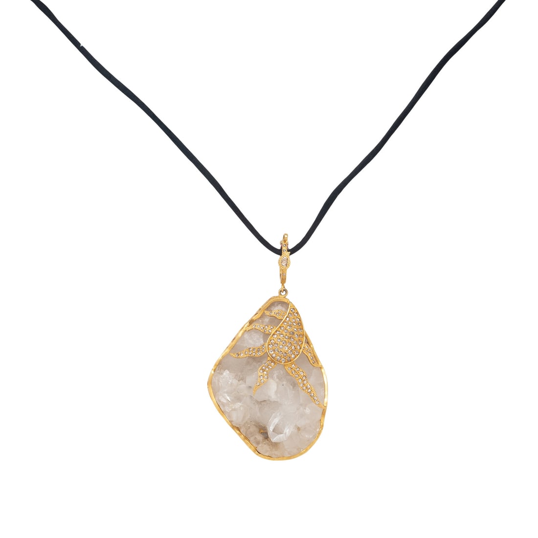 Coomi, Quartz Geode, Diamond, and Yellow Gold Necklace: Coomi, Quartz Geode, Diamond, and Yellow Gold Necklace Quartz geode measuring approximately 59.00 x 42.50 mm and rose cut diamonds, on a black silk cord. 20 karat yellow gold. Pendant: 3 1/4 x 1 3/4 i