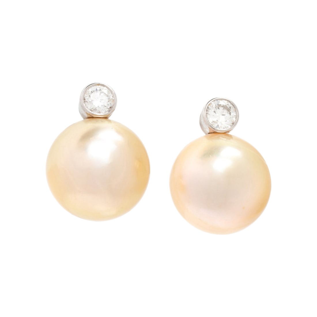 Bunda, Cultured Pearl and Diamond Earrings: Bunda, Cultured Pearl and Diamond Earrings Cultured golden pearls measuring approximately 13.60 - 13.80 mm (origin of color not tested), and round brilliant cut diamonds weighing approximately 0.50 ca
