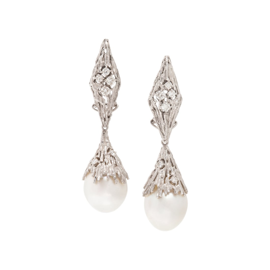 Bunda, Cultured Pearl, Diamond, and White Gold Convertible Drop Earrings: Bunda, Cultured Pearl, Diamond, and White Gold Convertible Drop Earrings Cultured pearls measuring approximately 11.75 mm and round brilliant cut diamonds, the drops are detachable. 18 karat white gol