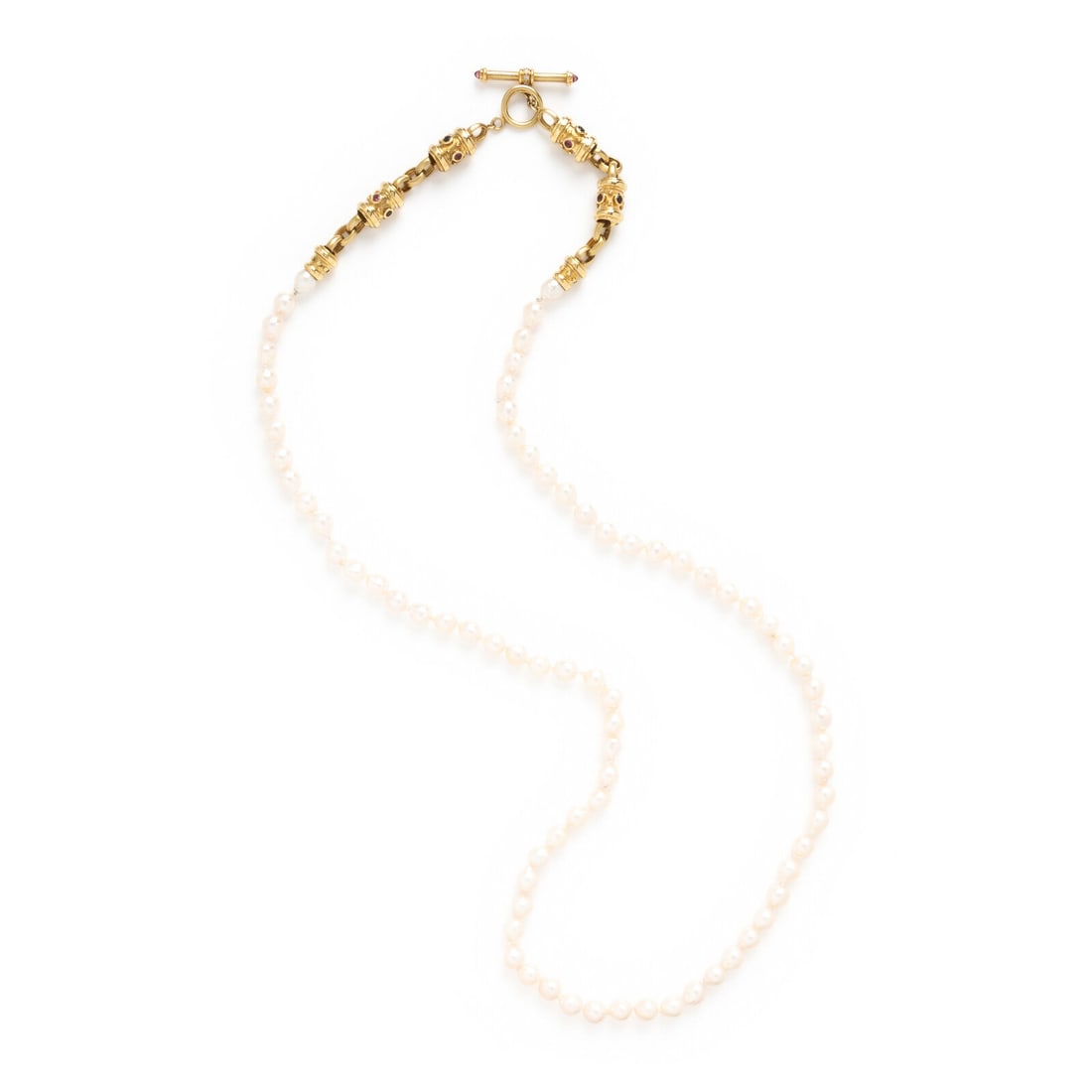 Convertible Cultured Pearl, Yellow Gold, and Multigem Necklace: Convertible Cultured Pearl, Yellow Gold, and Multigem Necklace Cultured pearls measuring approximately 7.70 - 8.50 mm, connected by a pair of mystery clasps to a fancy-link extender set with round pin