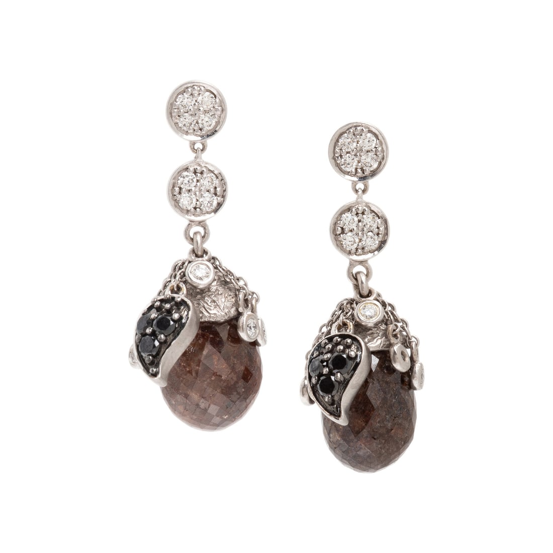 Coomi, Diamond, Colored Diamond, and White Gold Earrings: Coomi, Diamond, Colored Diamond, and White Gold Earrings Briolette cut brown diamonds (origin of color not tested), round brilliant cut black diamonds (origin of color not tested), and round brilliant