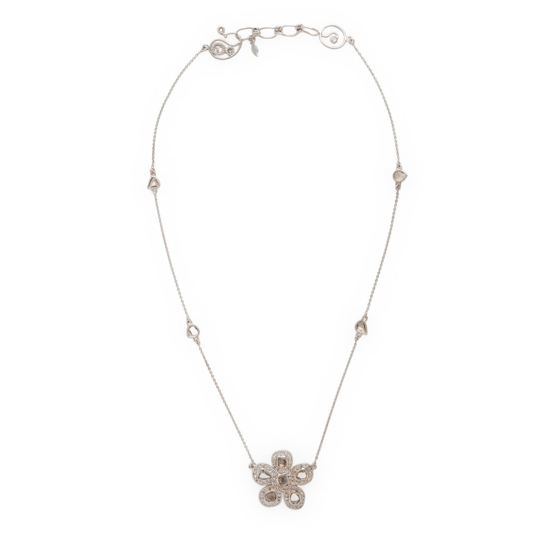 Coomi, Diamond and White Gold Flower Necklace: Coomi, Diamond and White Gold Flower Necklace Polki and rose cut diamonds. White gold. 15 1/4 - 16 3/8 inches long. Stamp: (Coomi maker's mark). Gross weight: 5.60 dwt. Property from a Naples, Florida