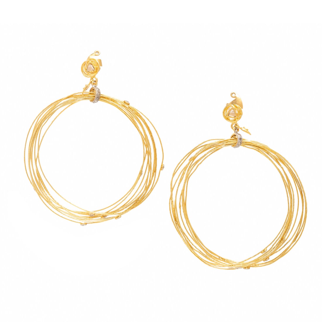 Coomi, Diamond and Yellow Gold Multistrand Hoop Earrings: Coomi, Diamond and Yellow Gold Multistrand Hoop Earrings Rose cut diamonds and diamond slices. 20 karat yellow gold. 2 3/4 inches long. Stamp: (Coomi maker's mark) 20K. Gross weight: 13.85 dwt. Proper