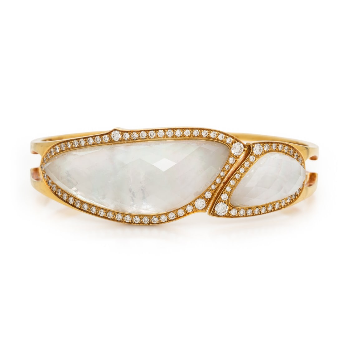 Steven Webster, 'Crystal Haze', Quartz, Diamond, and Yellow Gold Cuff Bracelet: Steven Webster, 'Crystal Haze', Quartz, Diamond, and Yellow Gold Cuff Bracelet Freeform faceted quartz atop mother-of-pearl, and round brilliant cut diamonds weighing approximately 1.20 carats total, 