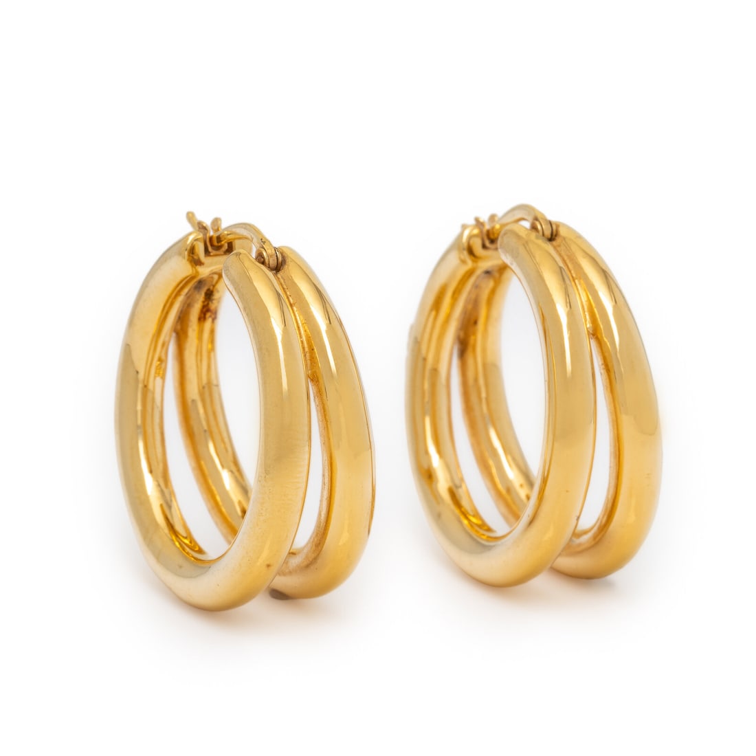 Roberto Coin, Yellow Gold Hoop Earrings: Roberto Coin, Yellow Gold Hoop Earrings 18 karat yellow gold. 1 1/4 inches long. Stamp: (Roberto Coin maker's mark) 18KT ITALY (Italian maker's mark) RC. Gross weight: 6.45 dwt. Property from a Naples