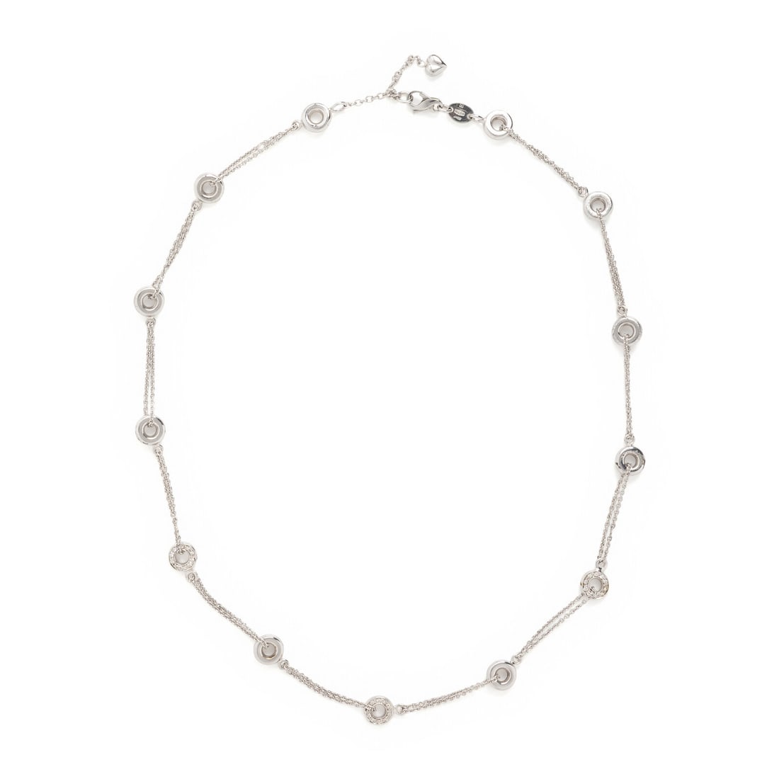 White Gold and Diamond Station Necklace: White Gold and Diamond Station Necklace Round brilliant cut diamonds. 18 karat white gold. 16 1/2 inches long. Stamp: 750 (Italian maker's mark). Gross weight: 7.25 dwt. Property from a Private Collec