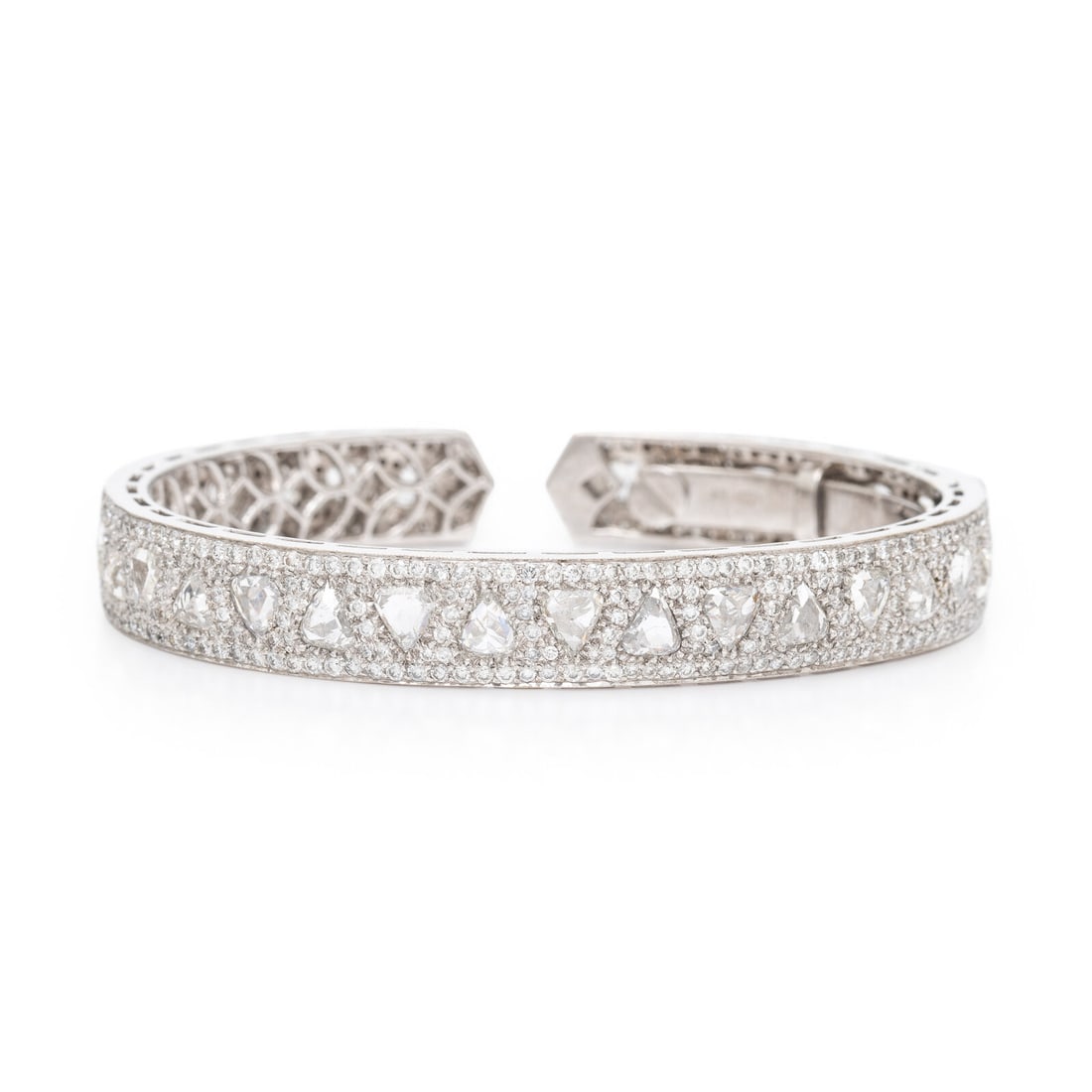 Diamond and White Gold Cuff Bracelet: Diamond and White Gold Cuff Bracelet Round brilliant cut diamonds weighing approximately 2.40 carats total, and pear shape rose cut diamonds. 18 karat white gold. 6 1/4 inches inner circumference. Sta