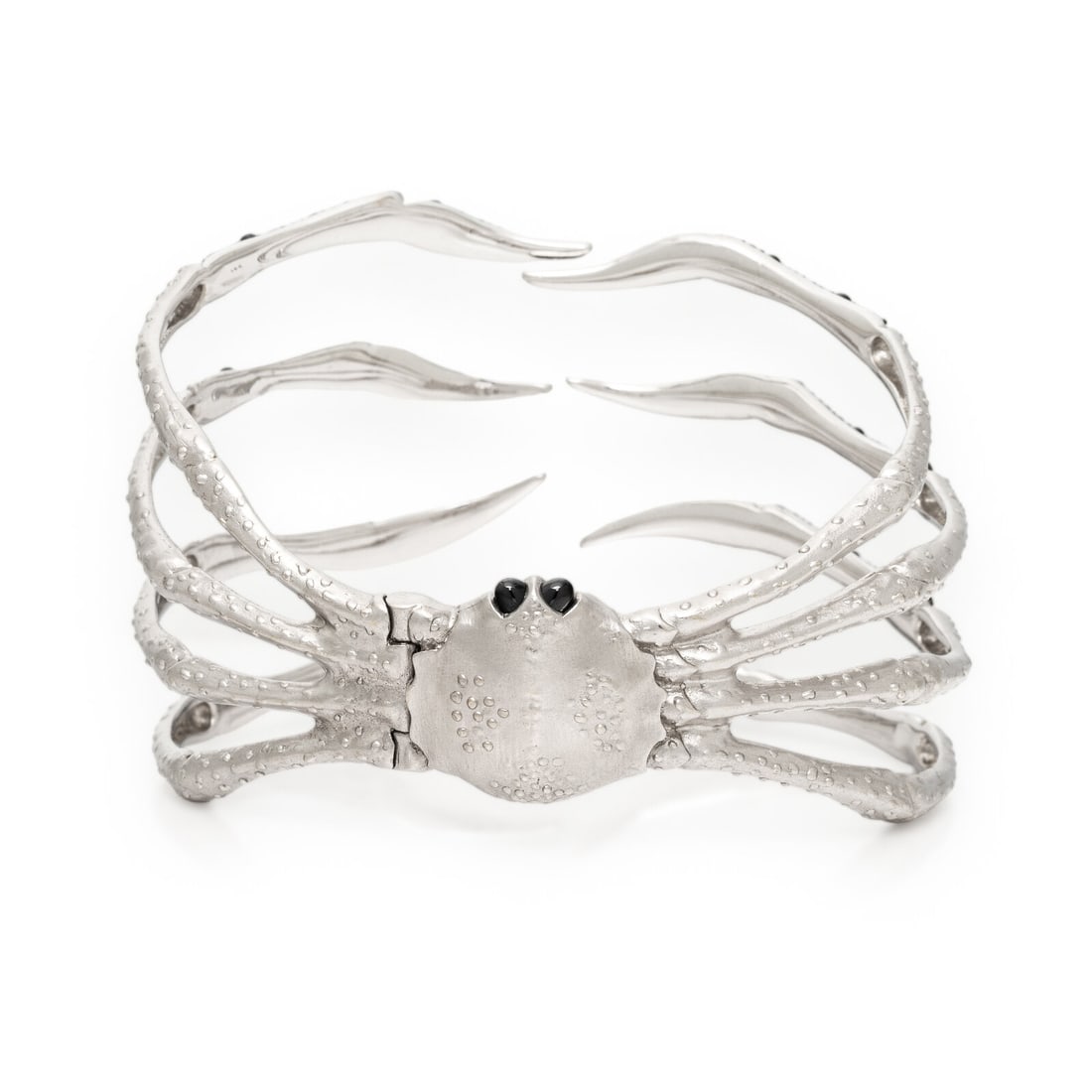 Steven Webster, White Gold and Black Diamond Spider Crab Cuff Bracelet: Steven Webster, White Gold and Black Diamond Spider Crab Cuff Bracelet PavÈ-set round brilliant cut black diamonds and round cabochon black eyes, hinged at the back. 18 karat white and blackened 