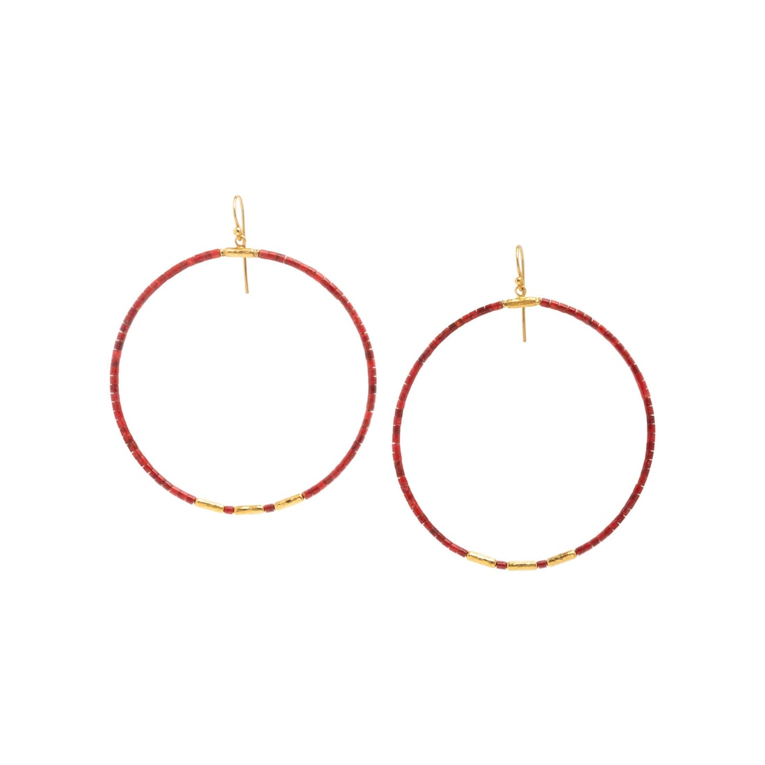 Gurhan, Coral and Yellow Gold Hoop Pendant Earrings: Gurhan, Coral and Yellow Gold Hoop Pendant Earrings Carved coral beads. Yellow gold. 3 inches long. Stamp: GURHAN EA55357J990H. Gross weight: 4.25 dwt. Accompanied by a Gurhan pouch. Property from a N
