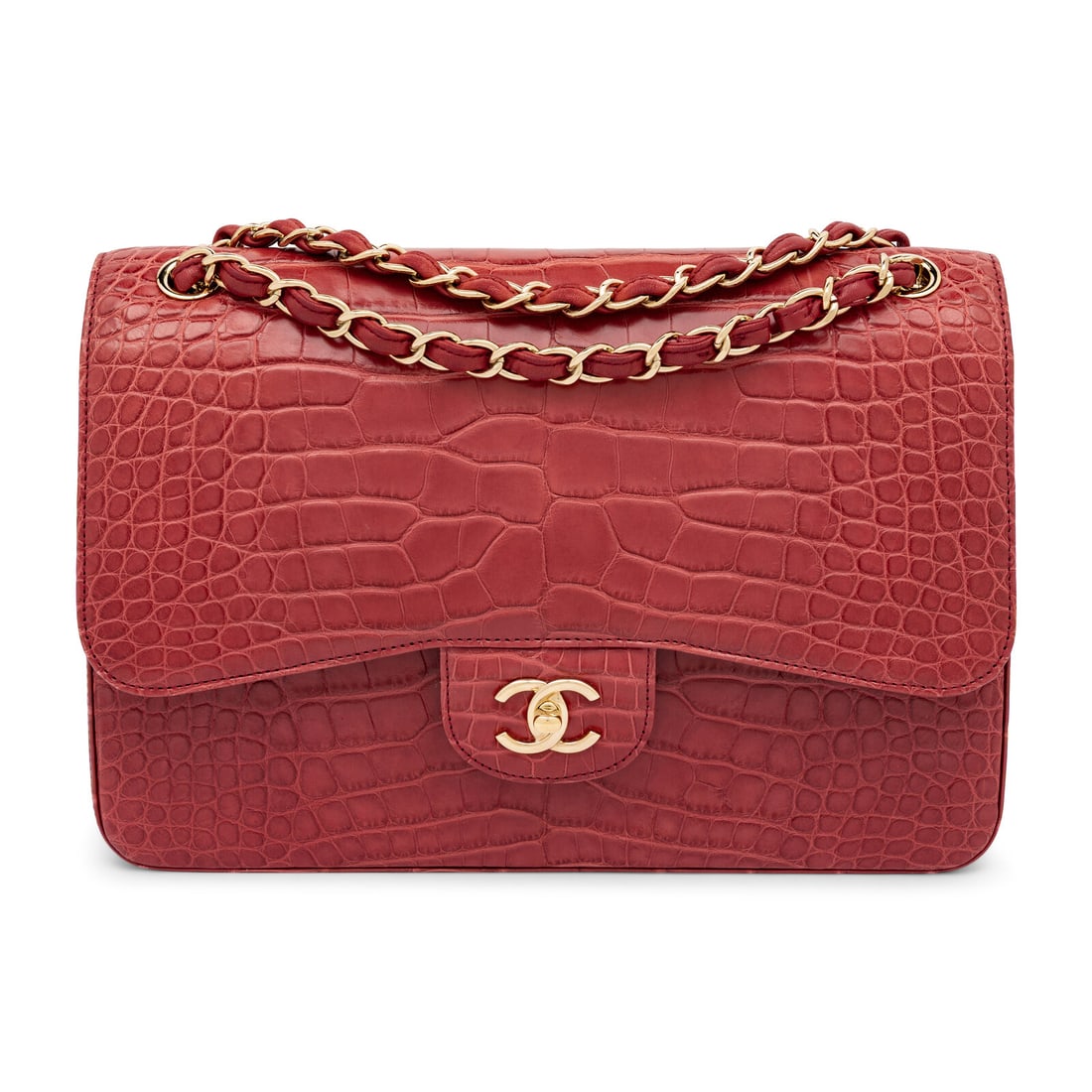 Chanel, Jumbo Classic Double Flap Bag in Burgundy Alligator: Chanel, Jumbo Classic Double Flap Bag in Burgundy Alligator Classic double flap shoulder bag in burgundy alligator skin with champagne gold-tone hardware. CC turn-lock closure and interwoven metal-lea