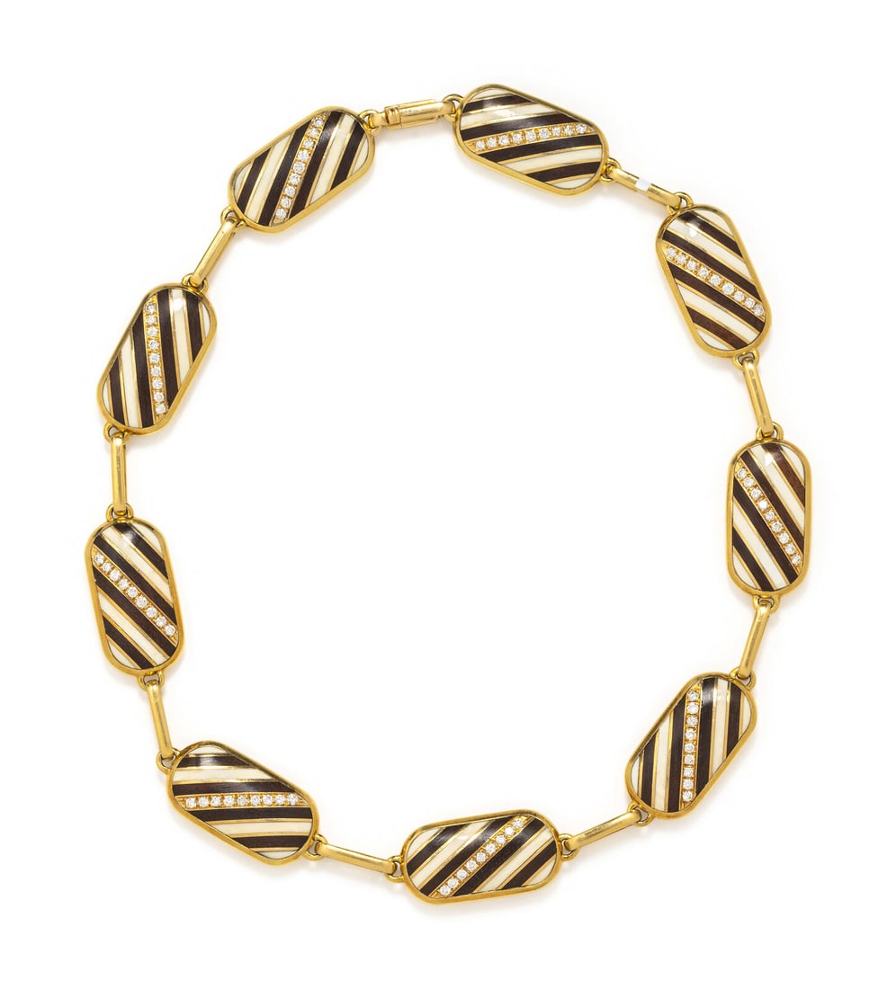Diamond, Yellow Gold, and Wood Necklace: Diamond, Yellow Gold, and Wood Necklace Links measuring approximately 16.00 mm wide, with wood and bone stripe motif, and round brilliant cut diamonds weighing approximately 2.40 carats total. 18 kara