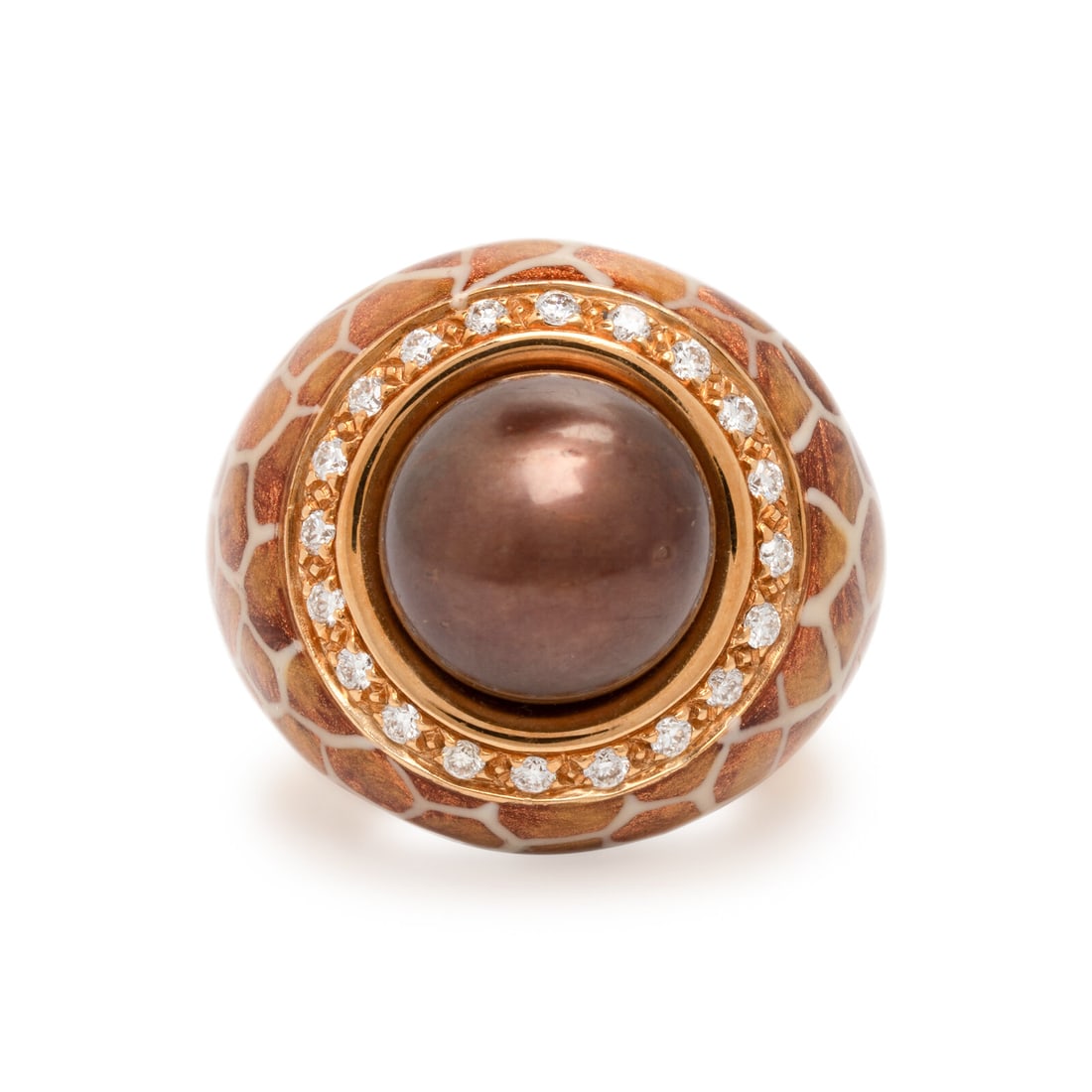 Utopia, Diamond, Enamel, and Cultured Pearl Ring: Utopia, Diamond, Enamel, and Cultured Pearl Ring Brown cultured pearl measuring approximately 12.00 mm (origin of color not tested), orange and white enamel, and round brilliant cut diamonds weighing 