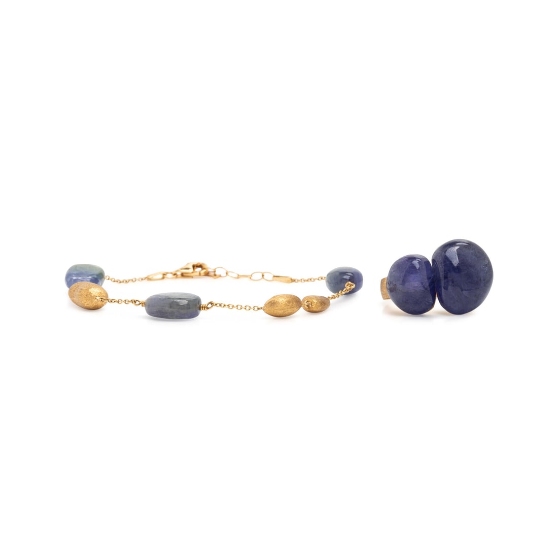 Yvel, Yellow Gold and Sapphire Ring and Bracelet: Yvel, Yellow Gold and Sapphire Ring and Bracelet Including a ring set with tumbled sapphires measuring approximately 13.50 - 16.40 mm, and a bracelet set with stations of tumbled blue-green sapphires 