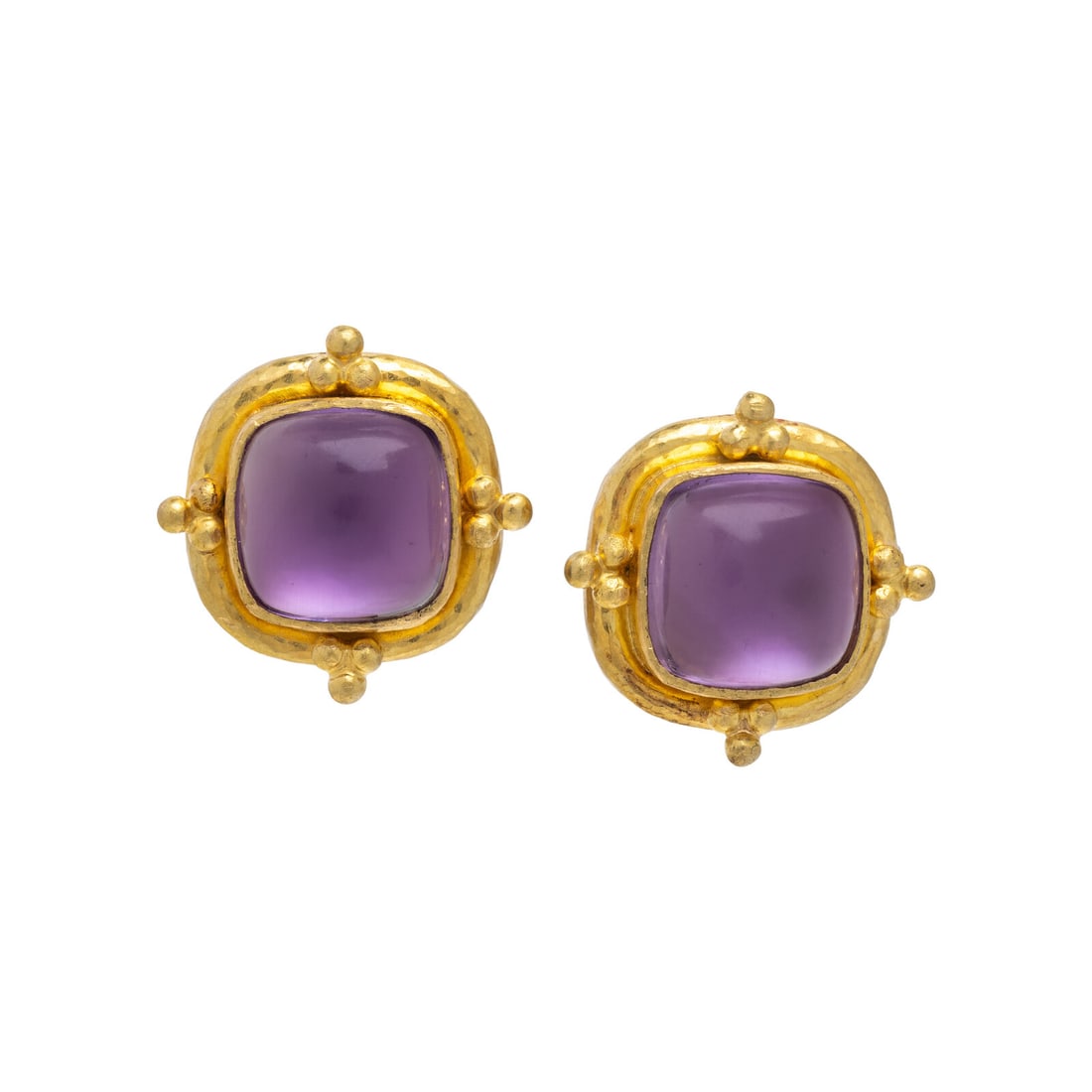 Elizabeth Locke, Amethyst and Yellow Gold Earrings: Elizabeth Locke, Amethyst and Yellow Gold Earrings Cushion cut cabochon amethysts measuring approximately 12.45 x 12.45 mm atop mother-of-pearl. 19 karat hammered finish and beaded yellow gold. 7/8 in