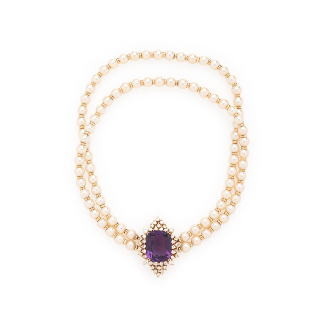 Amethyst, Diamond, and Cultured Pearl Convertible Choker Necklace: Amethyst, Diamond, and Cultured Pearl Convertible Choker Necklace Two strands of cultured pearls measuring approximately 7.50 - 8.00 mm separated by gold rondelles, the clasp containing a detachable p