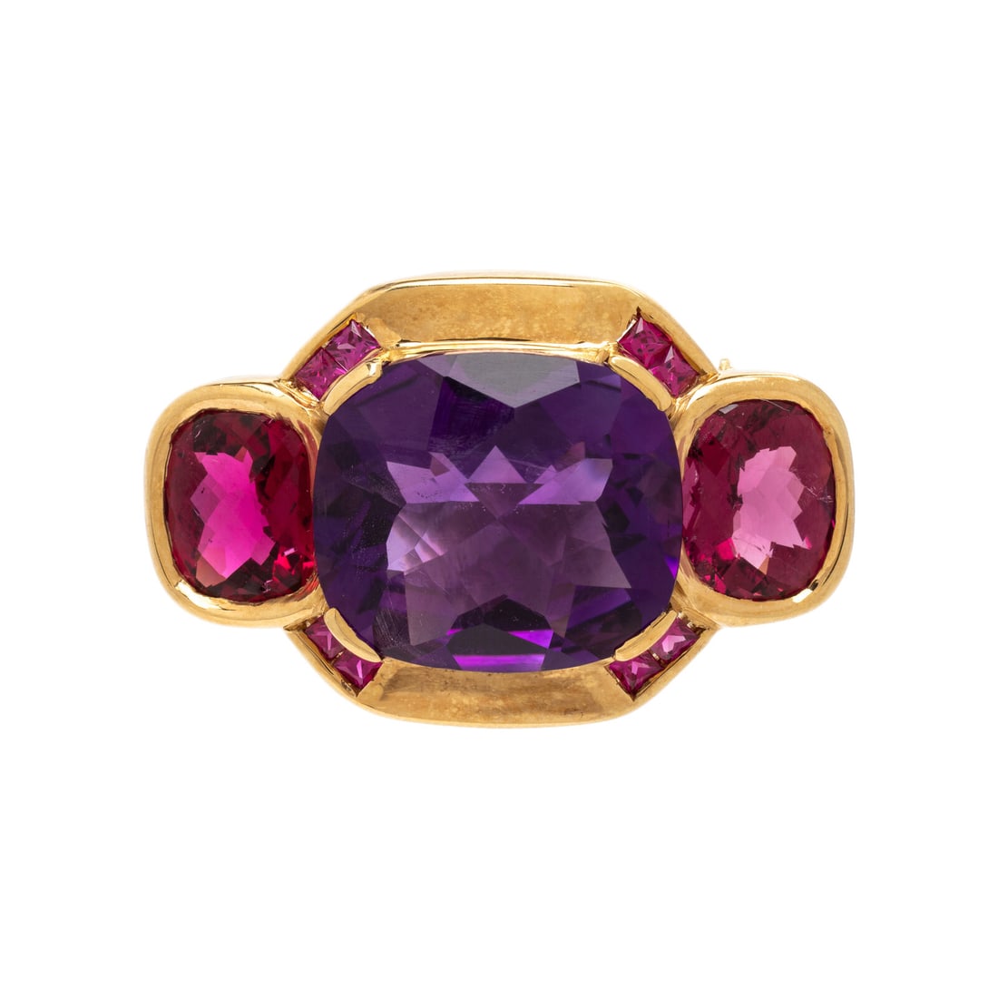 Multigem and Yellow Gold Brooch: Multigem and Yellow Gold Brooch Cushion cut amethyst measuring approximately 18.05 x 15.90 x 9.70 mm, checkerboard faceted cushion cut rubellite tourmalines each measuring approximately 10.15 x 8.30 x