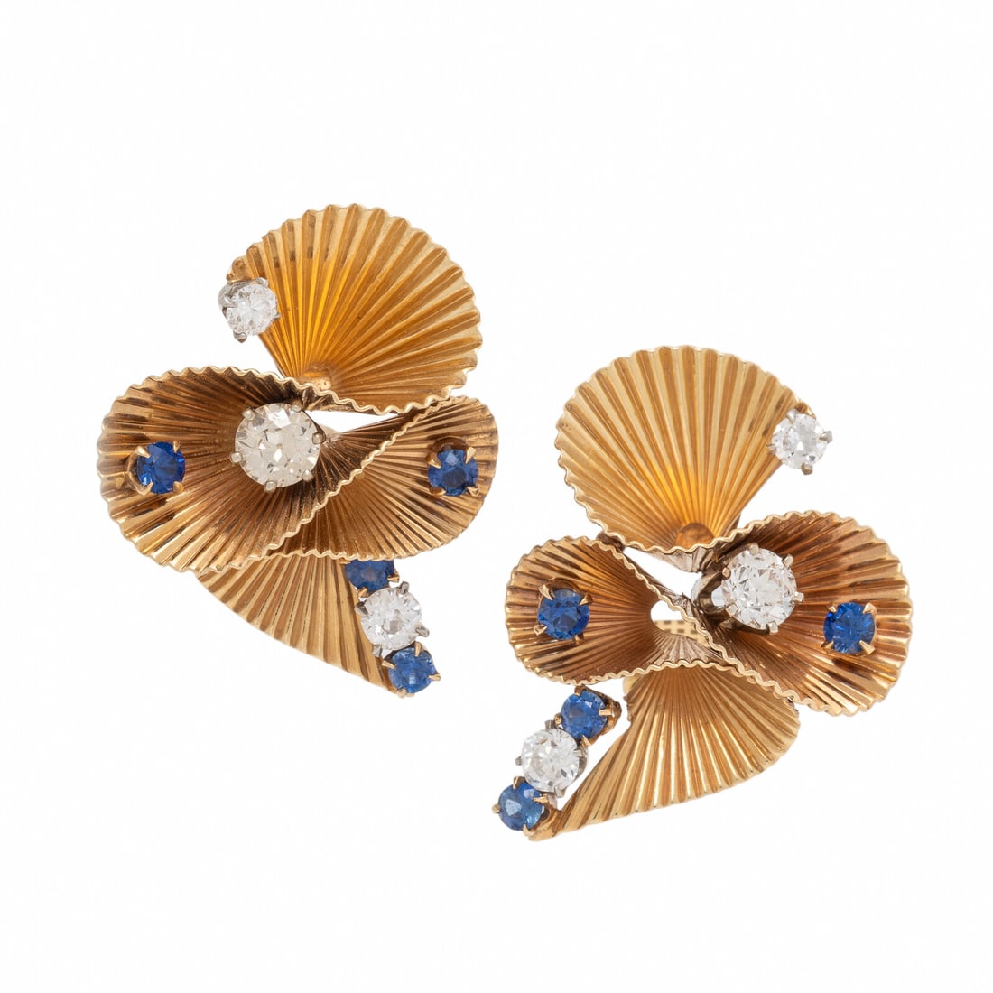 George Schuler, Diamond, Sapphire, and Yellow Gold Earrings: George Schuler, Diamond, Sapphire, and Yellow Gold Earrings Old European and transitional cut diamonds weighing approximately 1.70 carats total and round sapphires. 14 karat yellow gold. 1 1/4 inches 