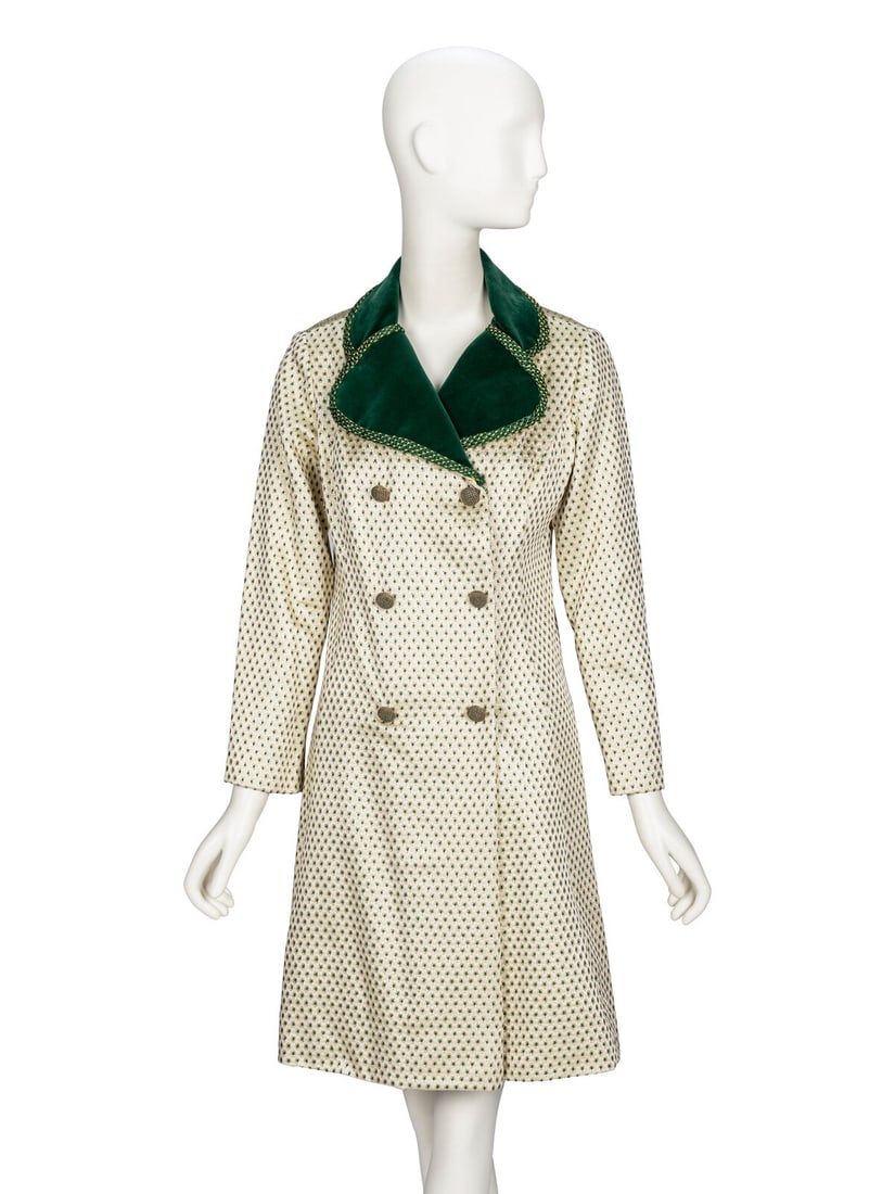 Saks Fifth Avenue, Jacquard Coatdress: Saks Fifth Avenue, Jacquard Coatdress A-line coatdress in cream satin jacquard with green & metallic gold elements. Rounded notched collar & lapels in green cotton velvet with braided tonal trim.