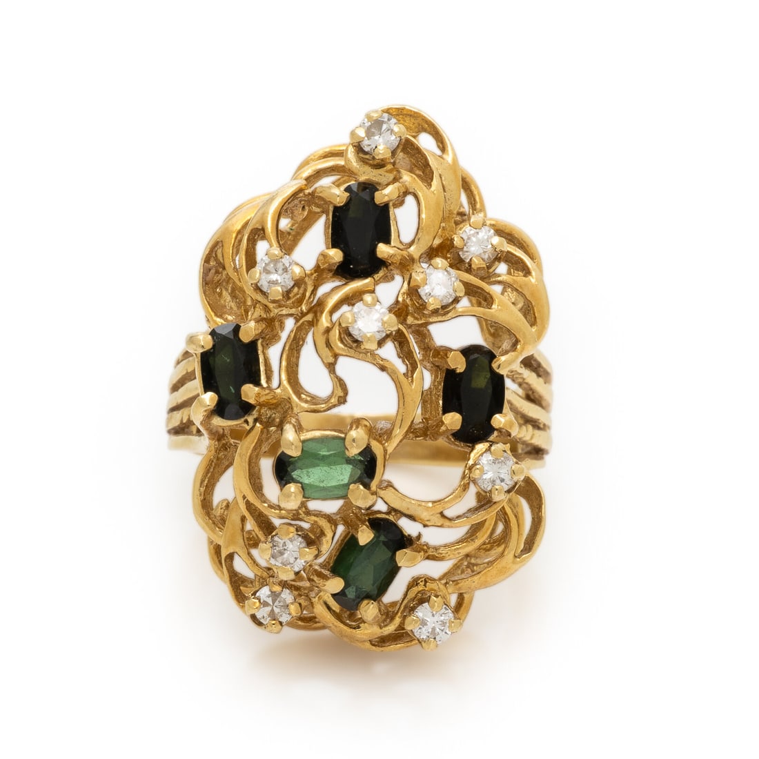 Diamond, Tourmaline, and Yellow Gold Ring: Diamond, Tourmaline, and Yellow Gold Ring Round brilliant cut diamonds weighing approximately 0.35 carat total, and oval tourmalines. 14 karat yellow gold. Ring size 6. Stamp: (obscured maker's mark) 