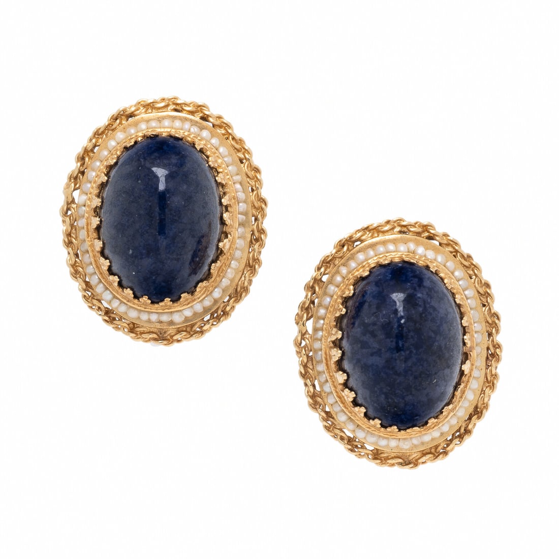 Hardstone and Seed Pearl Earrings: Hardstone and Seed Pearl Earrings Oval cabochon blue hardstone measuring approximately 15.90 x 11.80 x 6.40 mm, and seed pearls. 14 karat yellow gold. 1 inch long. Stamp: 14K. Gross weight: 9.20 dwt. 