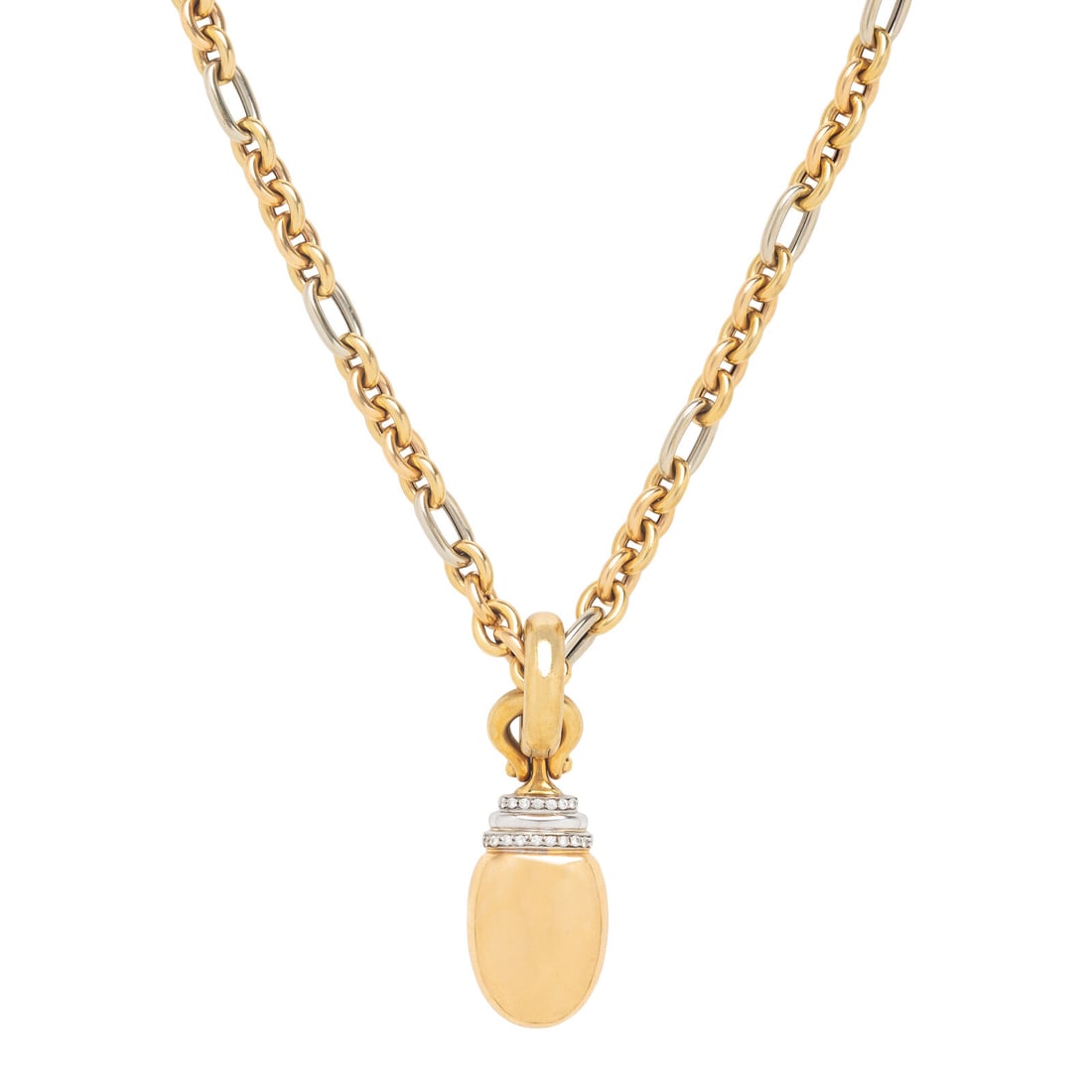 Bicolor Gold and Diamond Pendant Necklace: Bicolor Gold and Diamond Pendant Necklace Round brilliant cut diamonds weighing approximately 0.30 carat total. 18 karat yellow and white gold. 23 1/4 inches long. Pendant stamp: ITALY 18KT. Chain sta