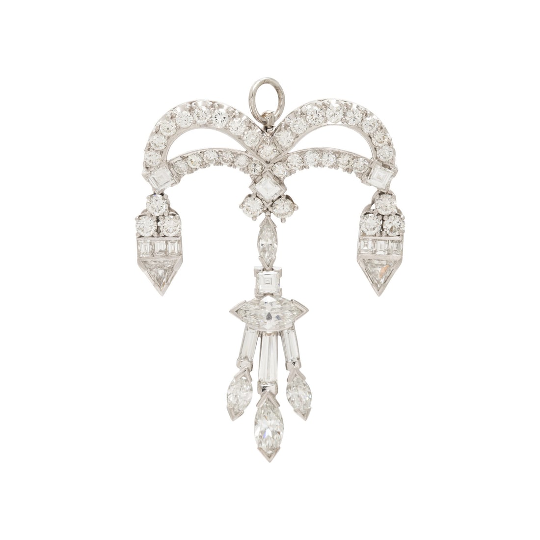 Diamond and Platinum Pendant Brooch: Diamond and Platinum Pendant Brooch Round brilliant, marquise, baguette, trillion, tapered baguette, and square step cut diamonds weighing approximately 5.40 carats total. Platinum. 1 7/8 x 1 1/4