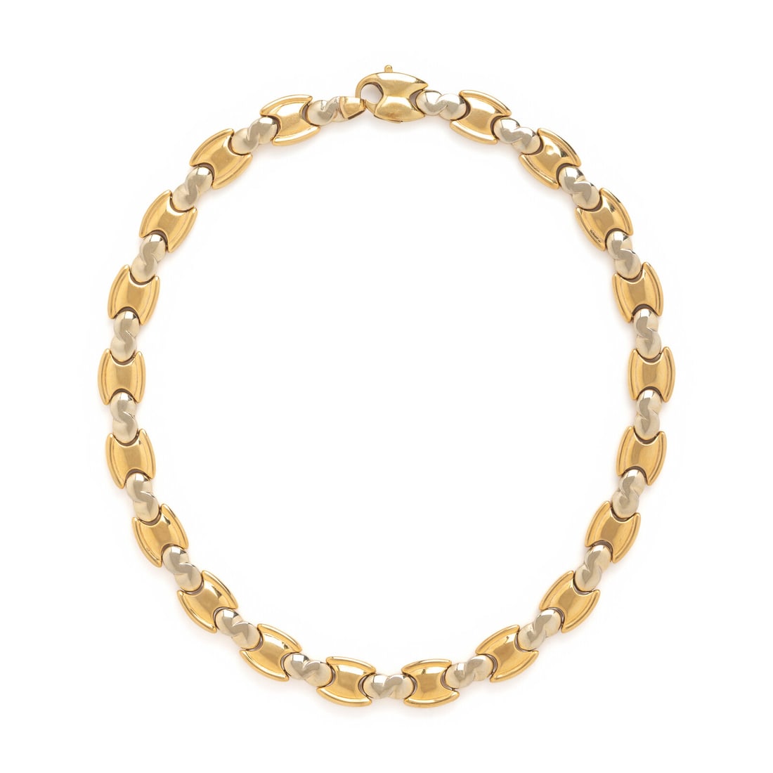 Neiman Marcus, Bicolor Gold Necklace: Neiman Marcus, Bicolor Gold Necklace 18 karat white and yellow gold. 18 inches long. Stamp: Neiman Marcus 18K ITALY. Gross weight: 40.45 dwt. Property from a Private Collection This lot is located in