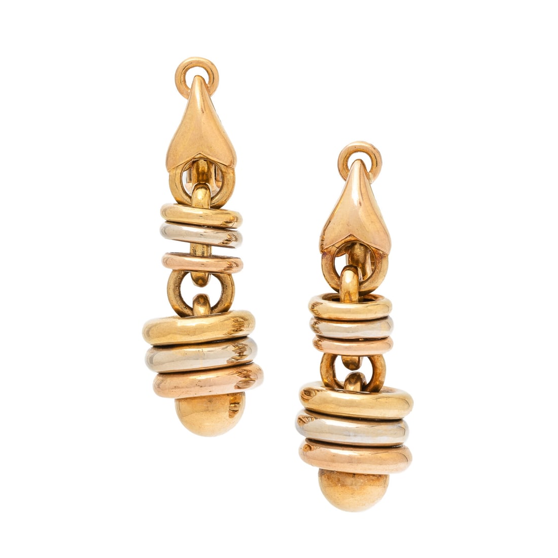Tricolor Gold Earrings: Tricolor Gold Earrings Yellow, white, and rose gold. 1 5/8 inches long. Stamp: ITALY (Italian maker's mark). Gross weight: 12.25 dwt. Property from a Private Collection This lot is located in Chicago.