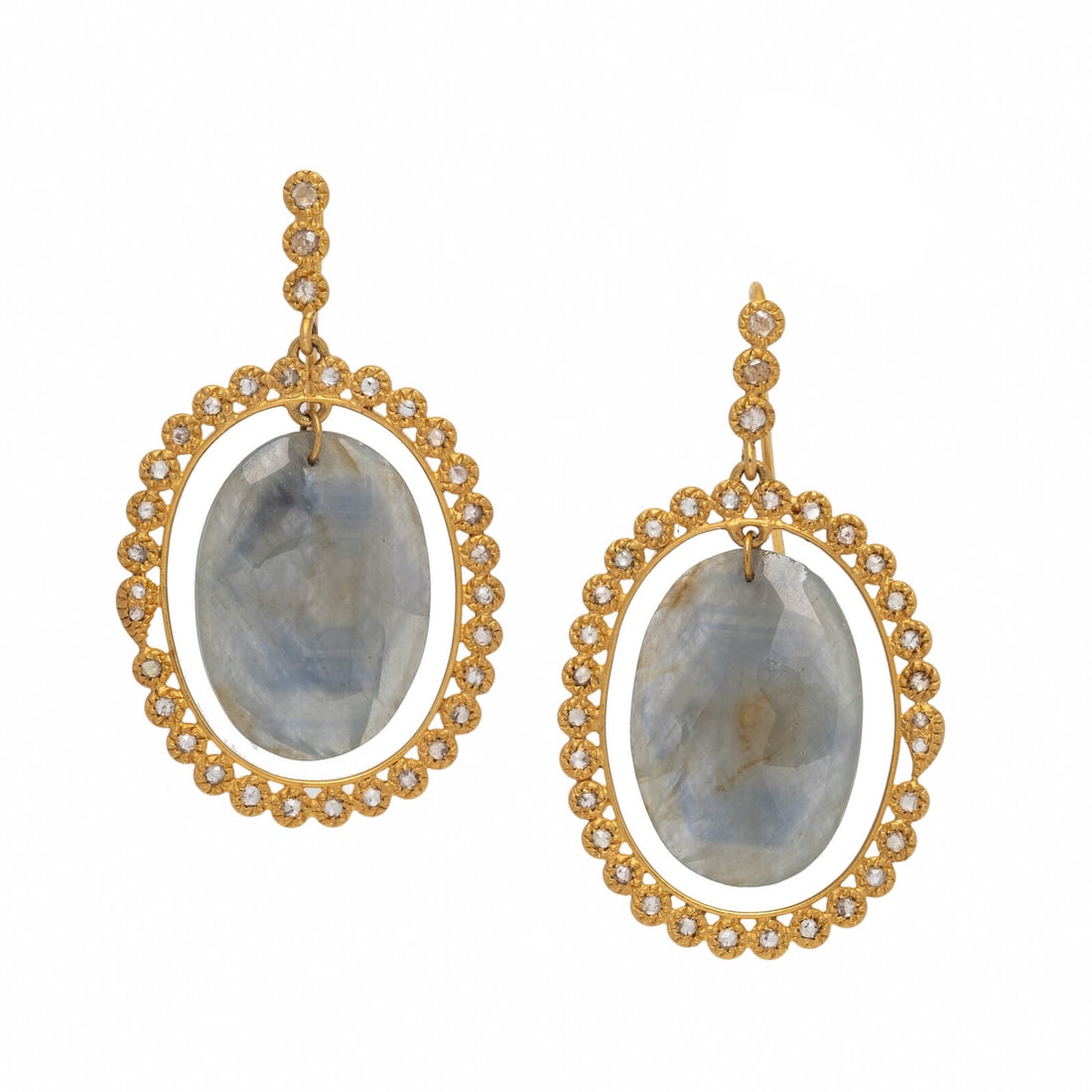 Coomi, Sapphire, Diamond, and Yellow Gold Earrings: Coomi, Sapphire, Diamond, and Yellow Gold Earrings Oval sapphire measuring approximately 24.50 x 17.60 x 3.25 mm, and rose cut diamonds. 20 karat yellow gold. 2 inches long. Stamp: (Coomi maker's mark