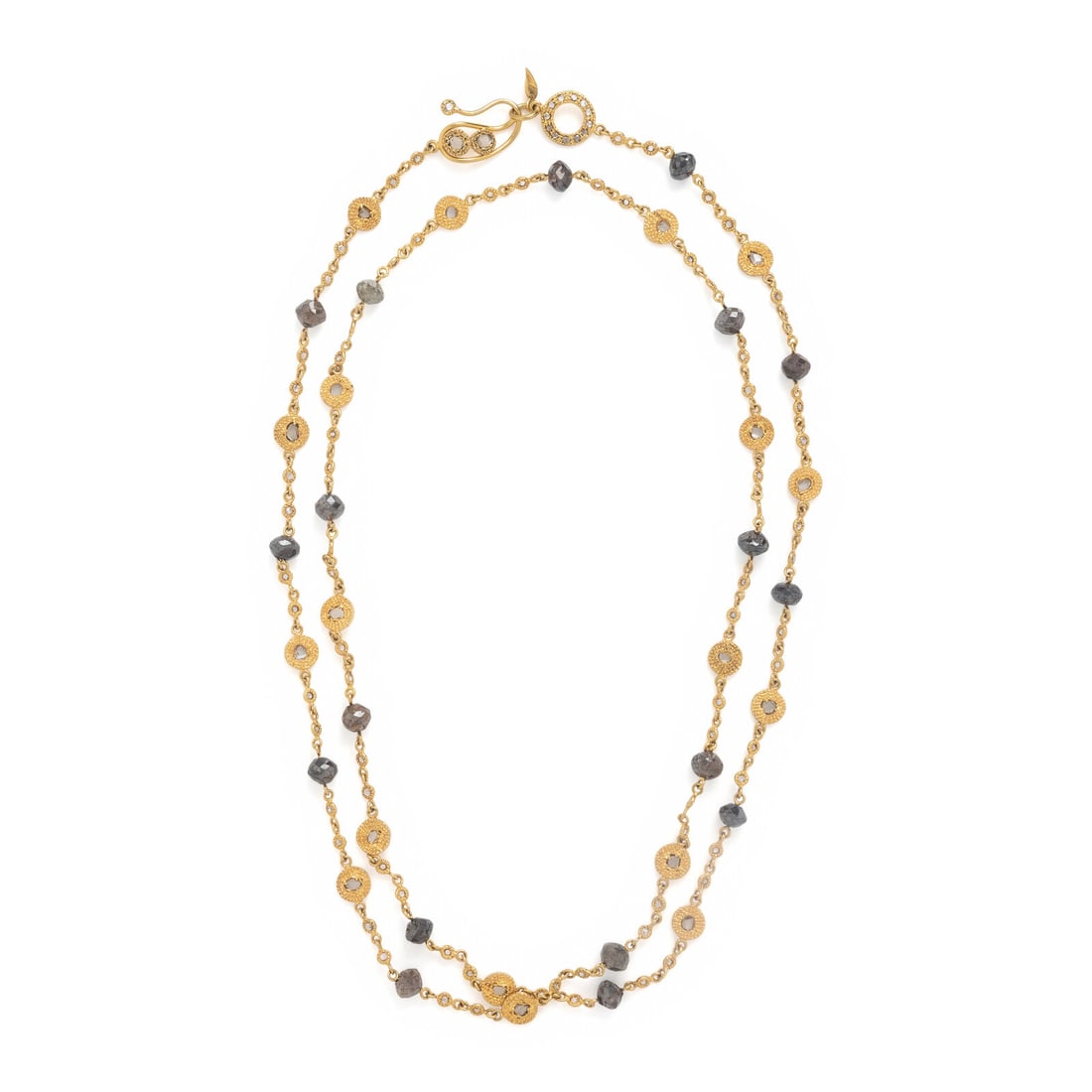 Coomi, Diamond, Colored Diamond, and Yellow Gold Necklace: Coomi, Diamond, Colored Diamond, and Yellow Gold Necklace Faceted brown diamond beads measuring approximately 6.80 - 7.40 mm (origin of color not tested), rose cut diamonds, and diamond slices. High-k